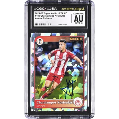 Charalampos Kostoulas Olympiacos Autographed 2024-25 Topps Merlin UEFA CC Atomic Refractor #180 CGC Authenticated Auto 10 Rookie Card