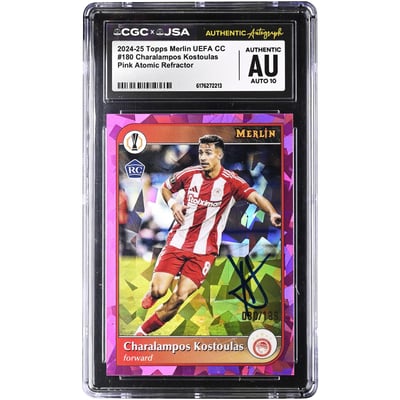 Charalampos Kostoulas Olympiacos Autographed 2024-25 Topps Merlin UEFA CC Pink Atomic Refractor #180 #/199 CGC Authenticated Auto 10 Rookie Card