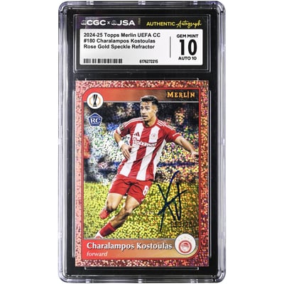 Charalampos Kostoulas Olympiacos Autographed 2024-25 Topps Merlin UEFA CC Rose Gold Speckle Refractor #180 #/250 CGC Authenticated 10/10 Rookie Card