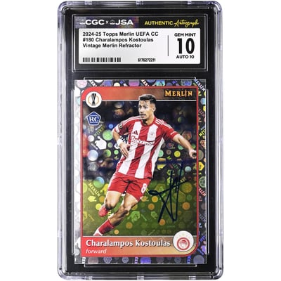 Charalampos Kostoulas Olympiacos Autographed 2024-25 Topps Merlin UEFA CC Vintage Merlin Refractor #180 CGC Authenticated 10/10 Rookie Card