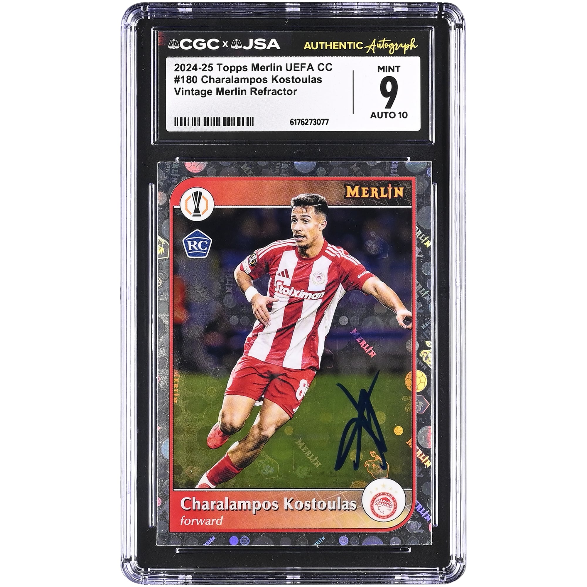 Charalampos Kostoulas Olympiacos Autographed 2024-25 Topps Merlin UEFA CC Vintage Merlin Refractor #180 CGC Authenticated /10 Rookie Card