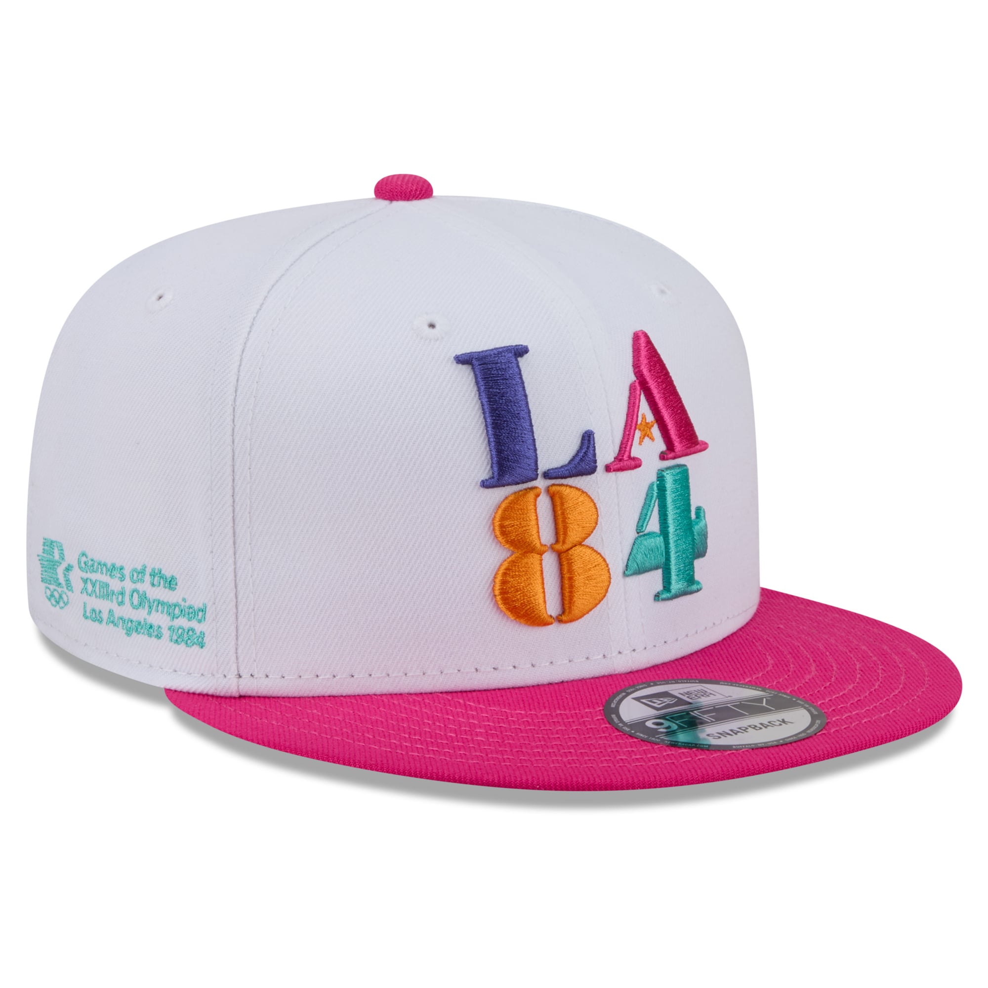 Casquette snapback New Era LA84 9FIFTY pour homme, blanche et rose, édition Jeux Olympiques