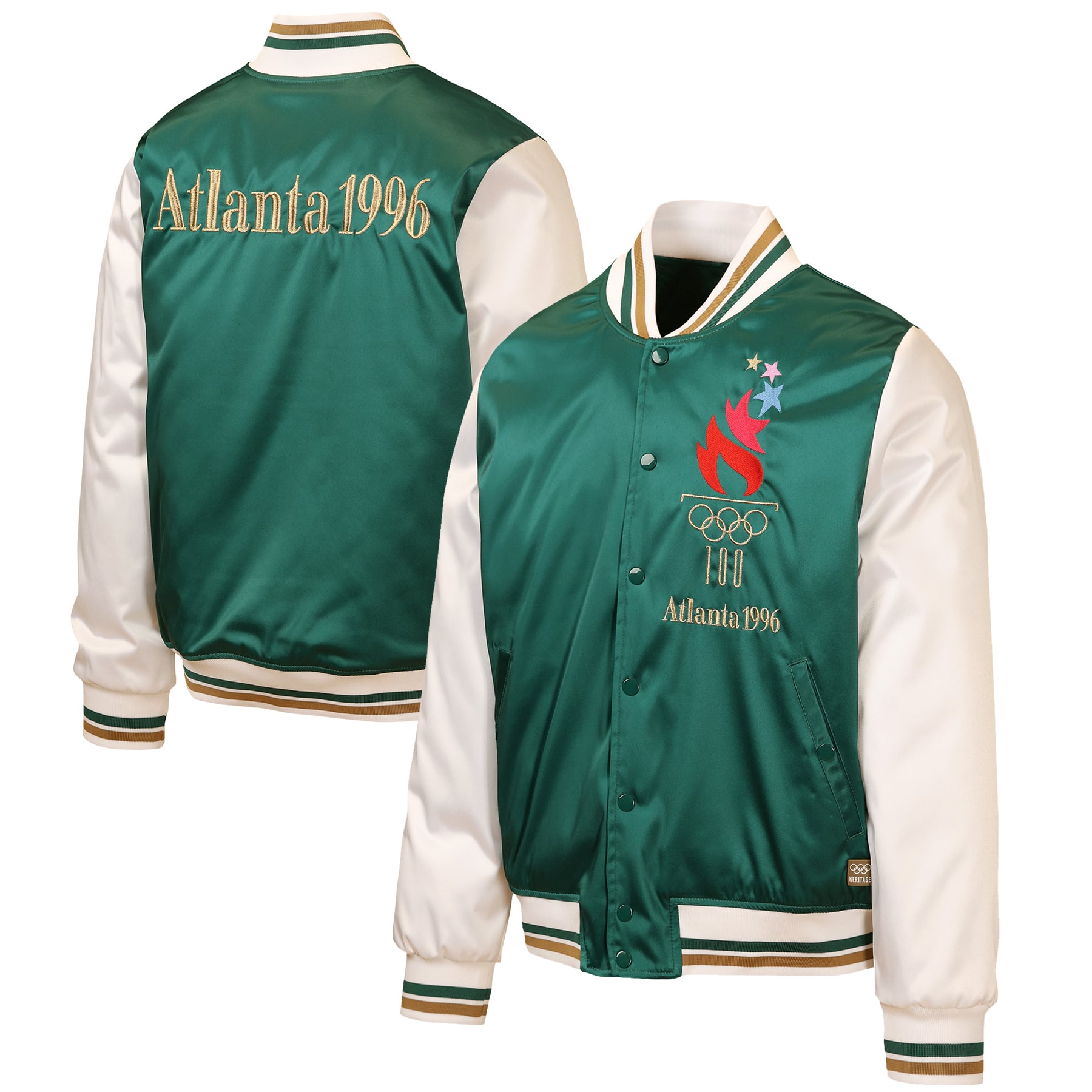 Veste bomber en satin vert/crème à boutons-pression pour homme Outerstuff, édition spéciale Jeux olympiques d'été d'Atlanta 1996