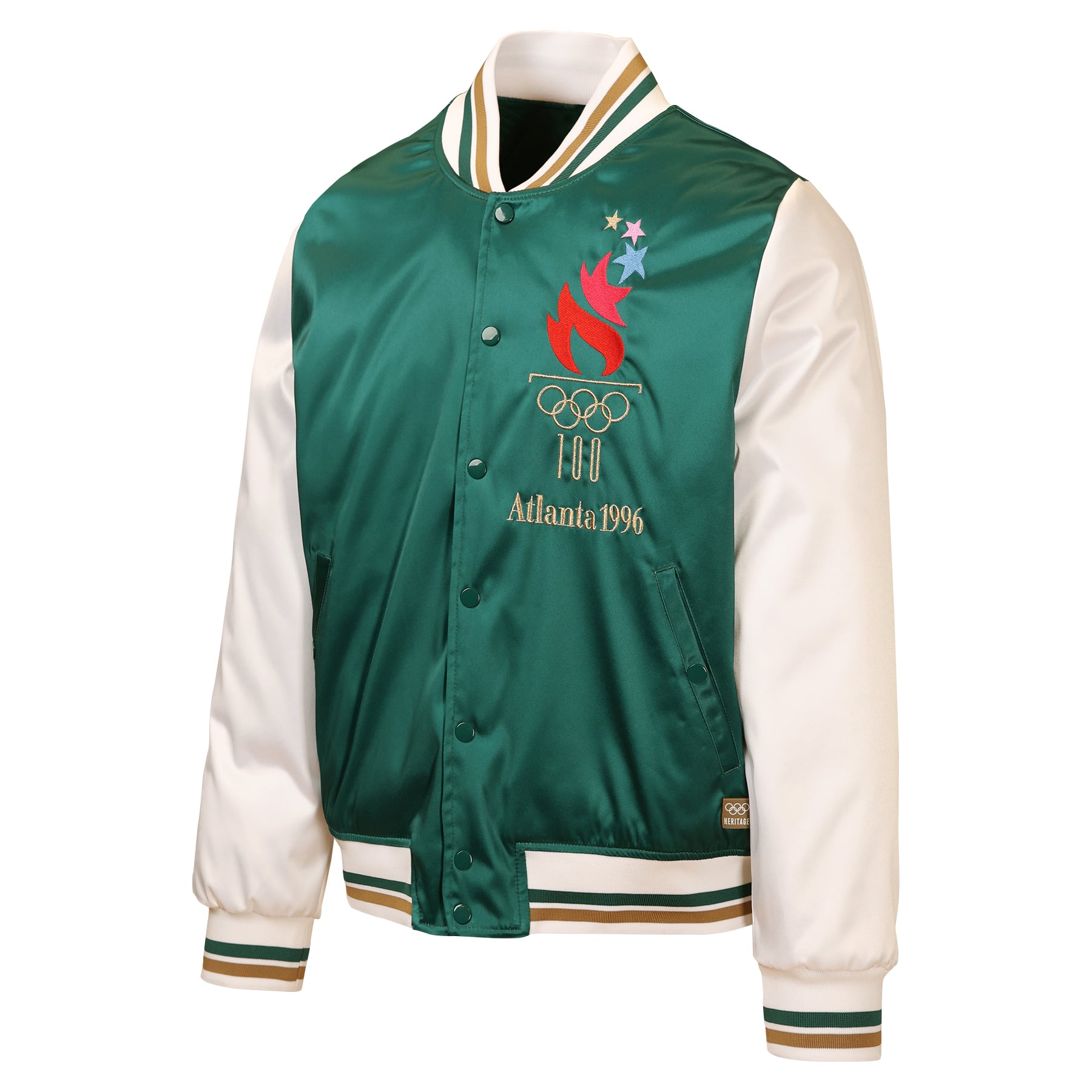 Veste bomber en satin vert/crème à boutons-pression pour homme Outerstuff, édition spéciale Jeux olympiques d'été d'Atlanta 1996
