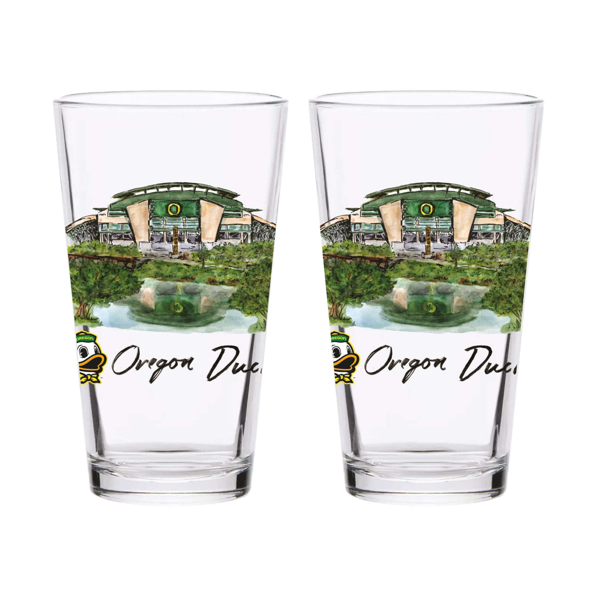 Indigo Falls  Oregon Ducks Laura Wilcox Mascot Pint Glass Set of 2