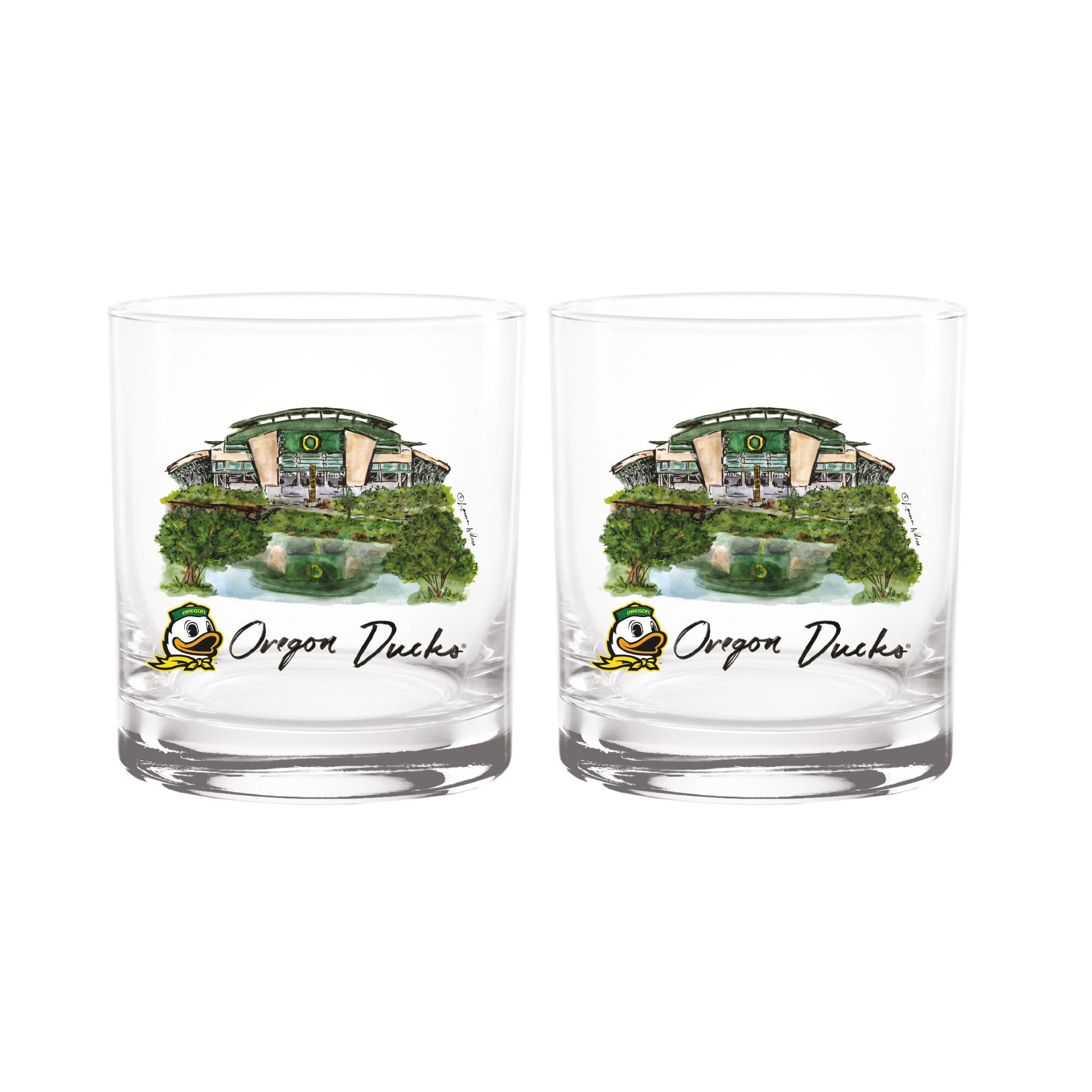 Ensemble de 2 verres à whisky à l'effigie de Laura Wilcox, mascotte des Ducks d'Indigo Falls (Oregon)