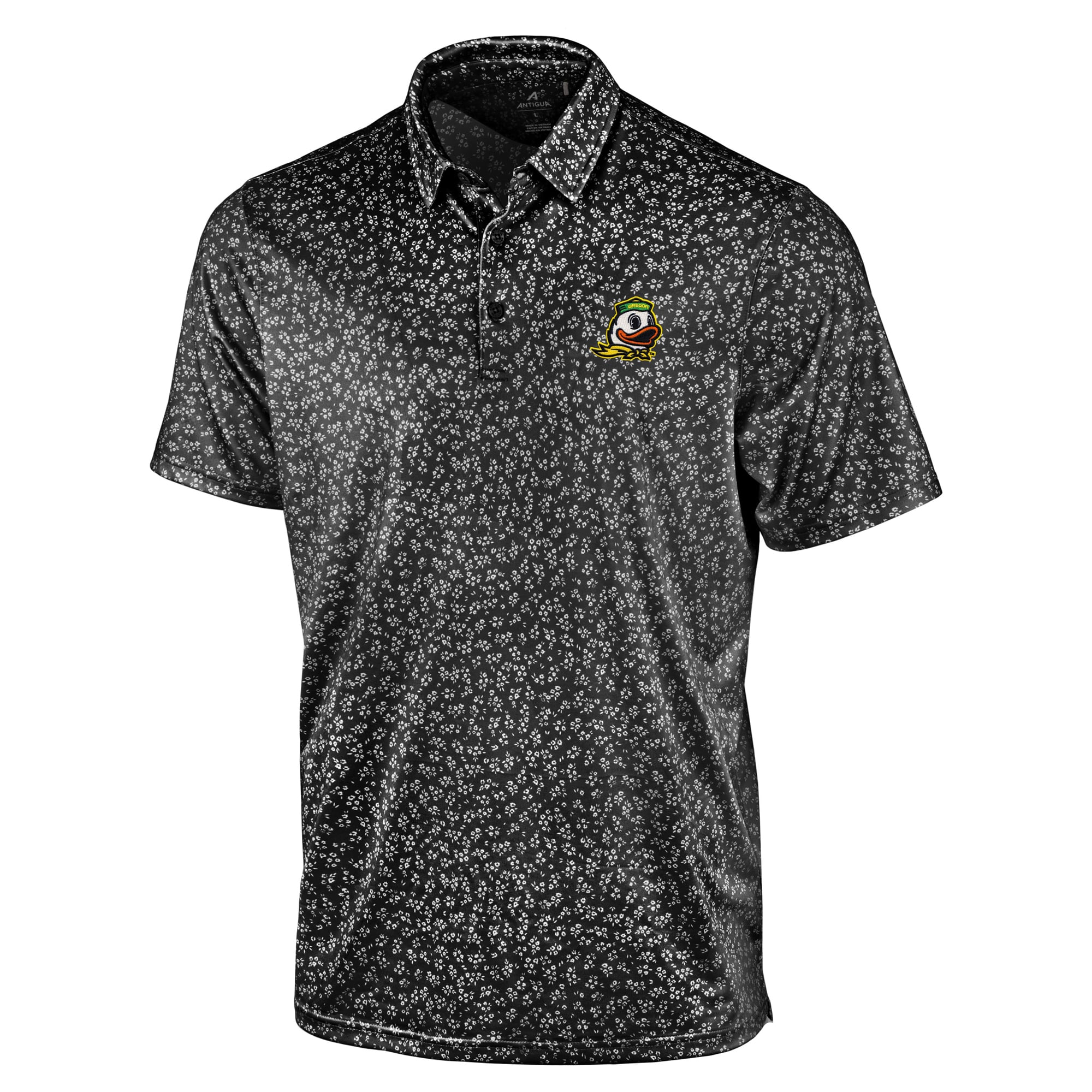 Men's Antigua Black Oregon Ducks Mono Floral Polo