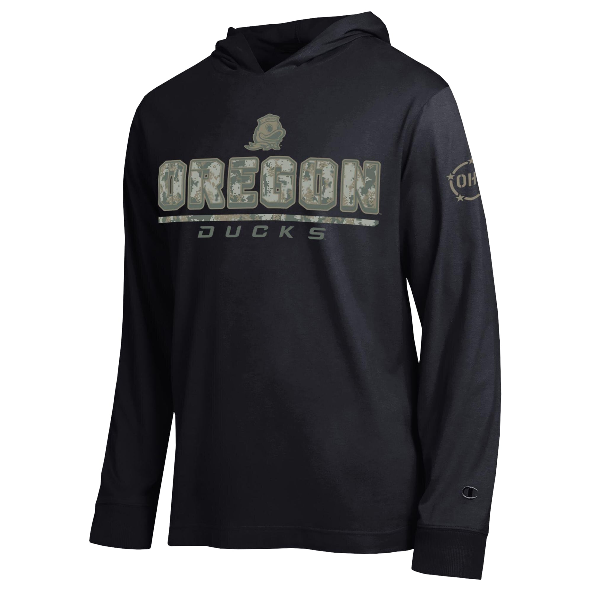 T-shirt à manches longues et capuche Champion Black Oregon Ducks Operation Hat Trick Camo Script pour homme
