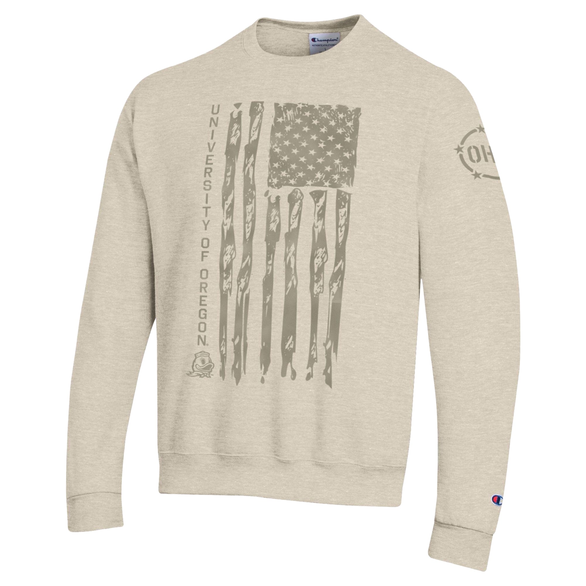 Men's Champion Oatmeal Oregon Ducks Operation Hat Trick Flag Fleece Crewneck Sweatshirt