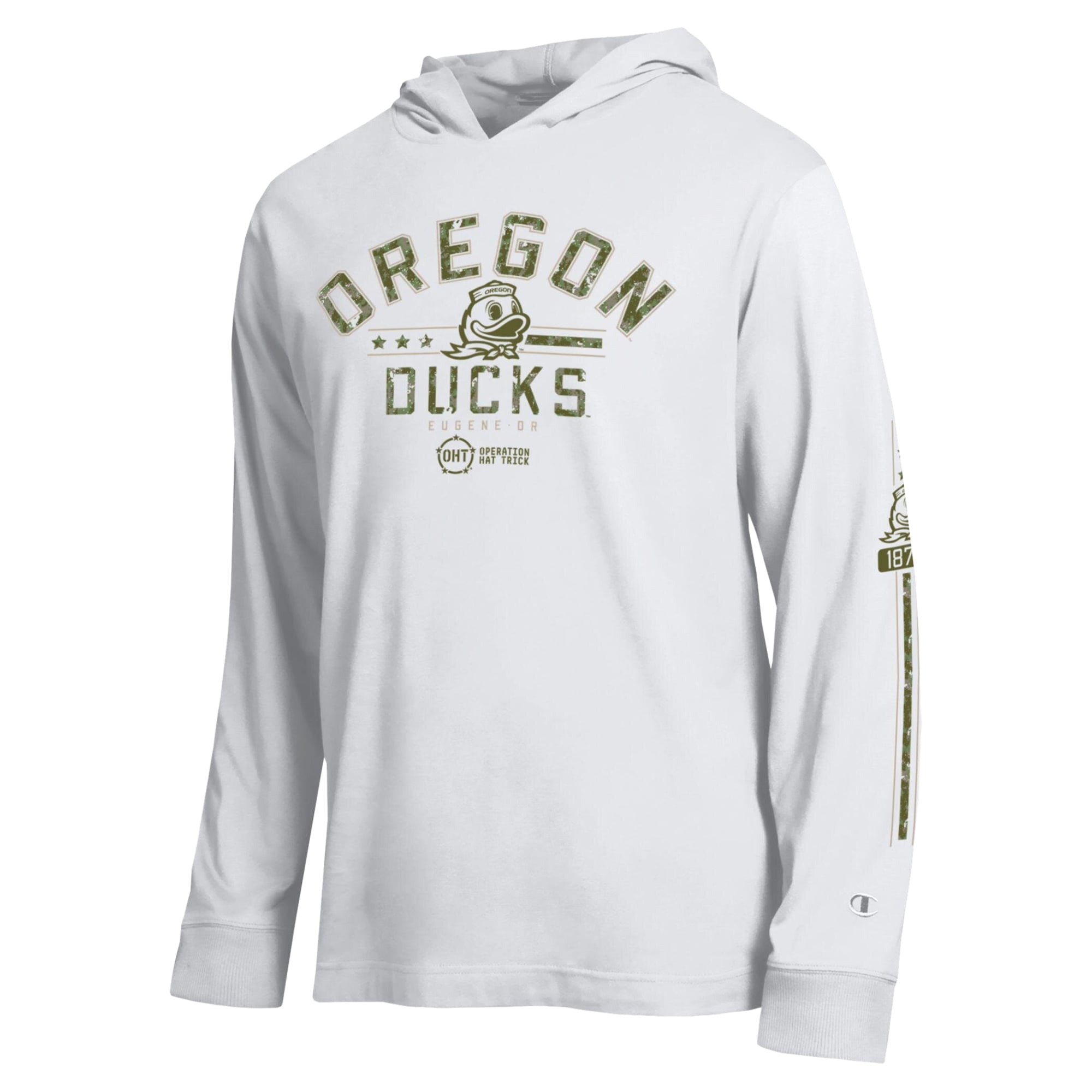 Men's Champion  White Oregon Ducks Operation Hat Trick Sleeve Line Hooded Long T-Shirt