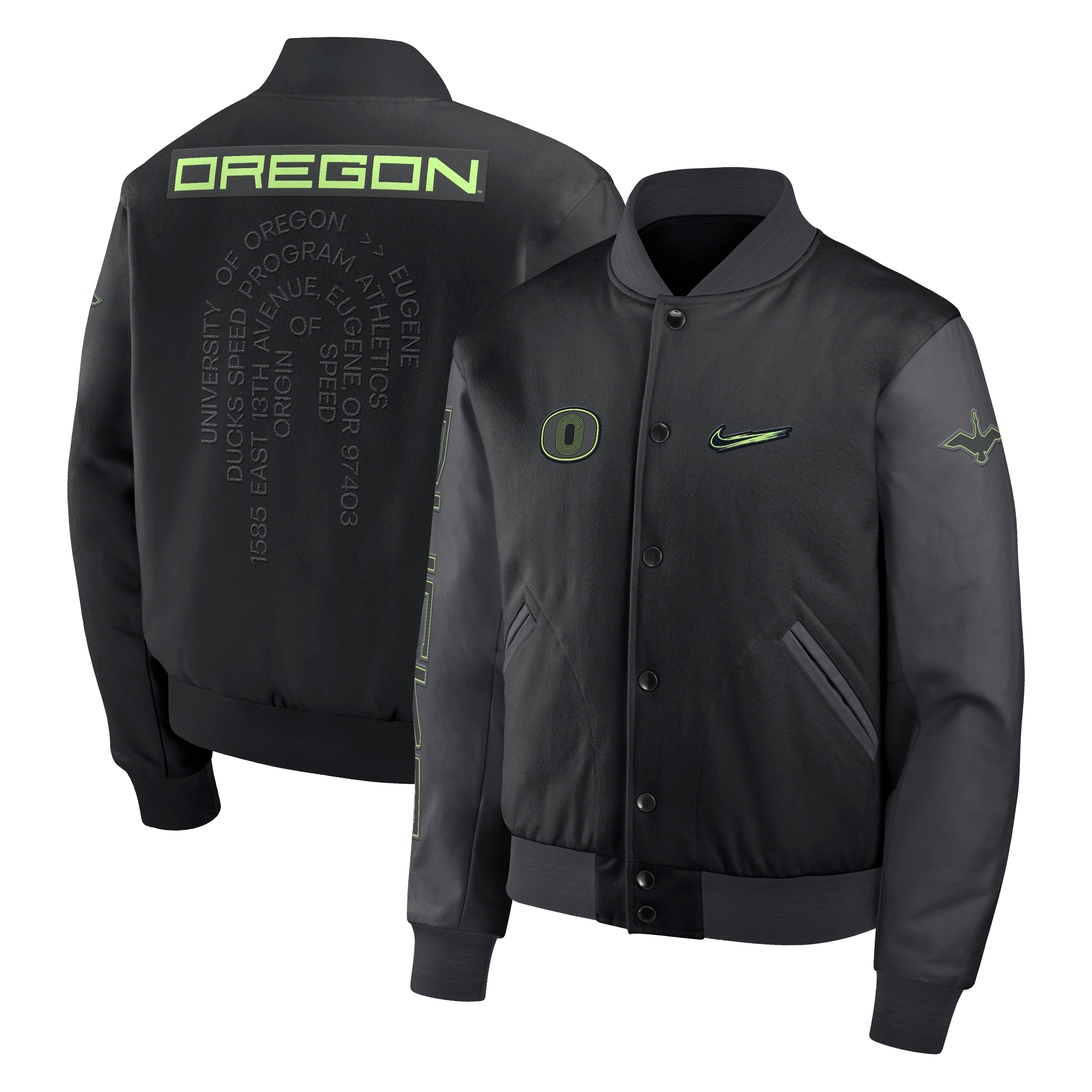 Veste universitaire Nike Oregon Ducks Origin of Speed ​​noire pour homme, fermeture à boutons-pression.