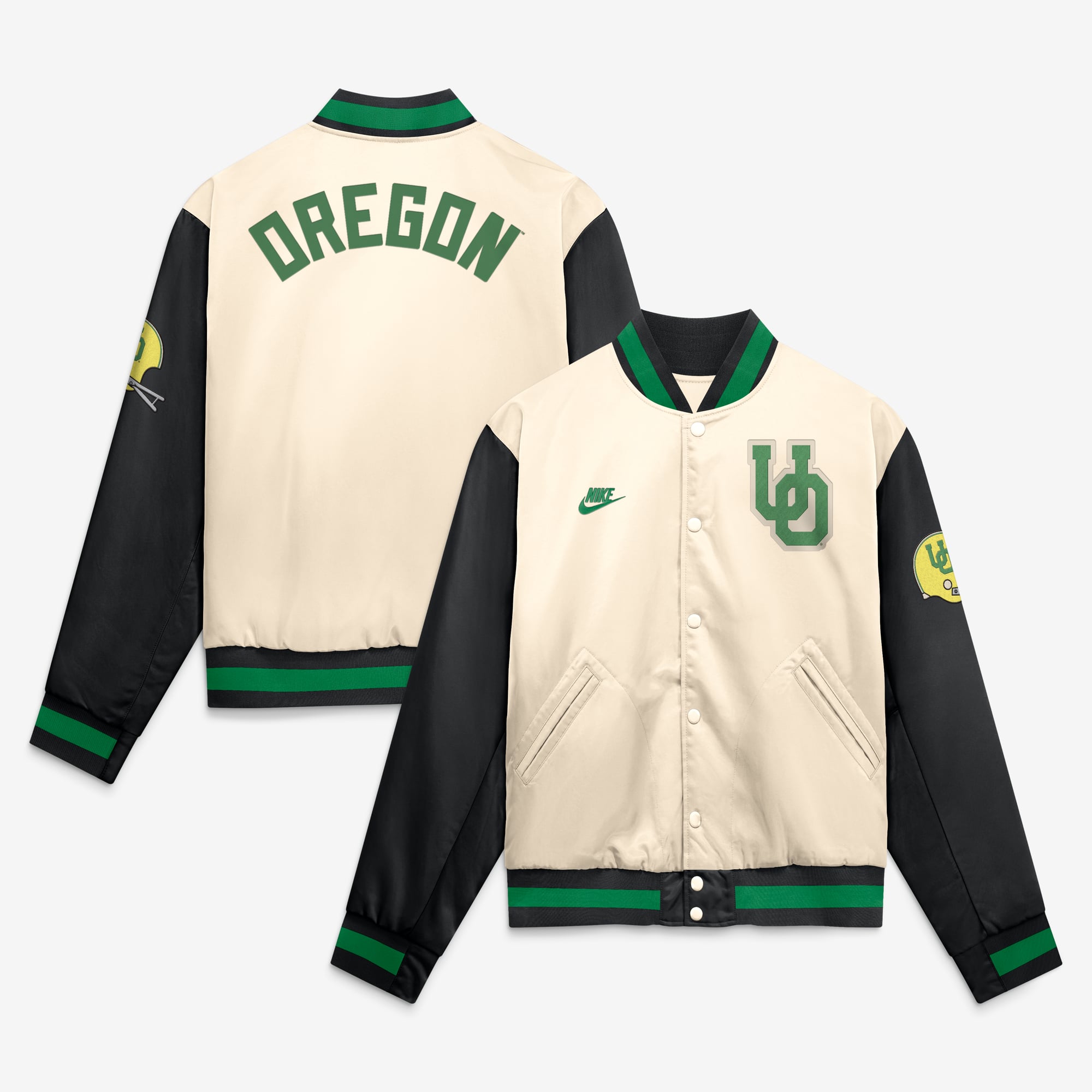 Veste bomber Nike Legacy pour homme, coloris naturel/noir, Oregon Ducks, fermeture à boutons-pression.