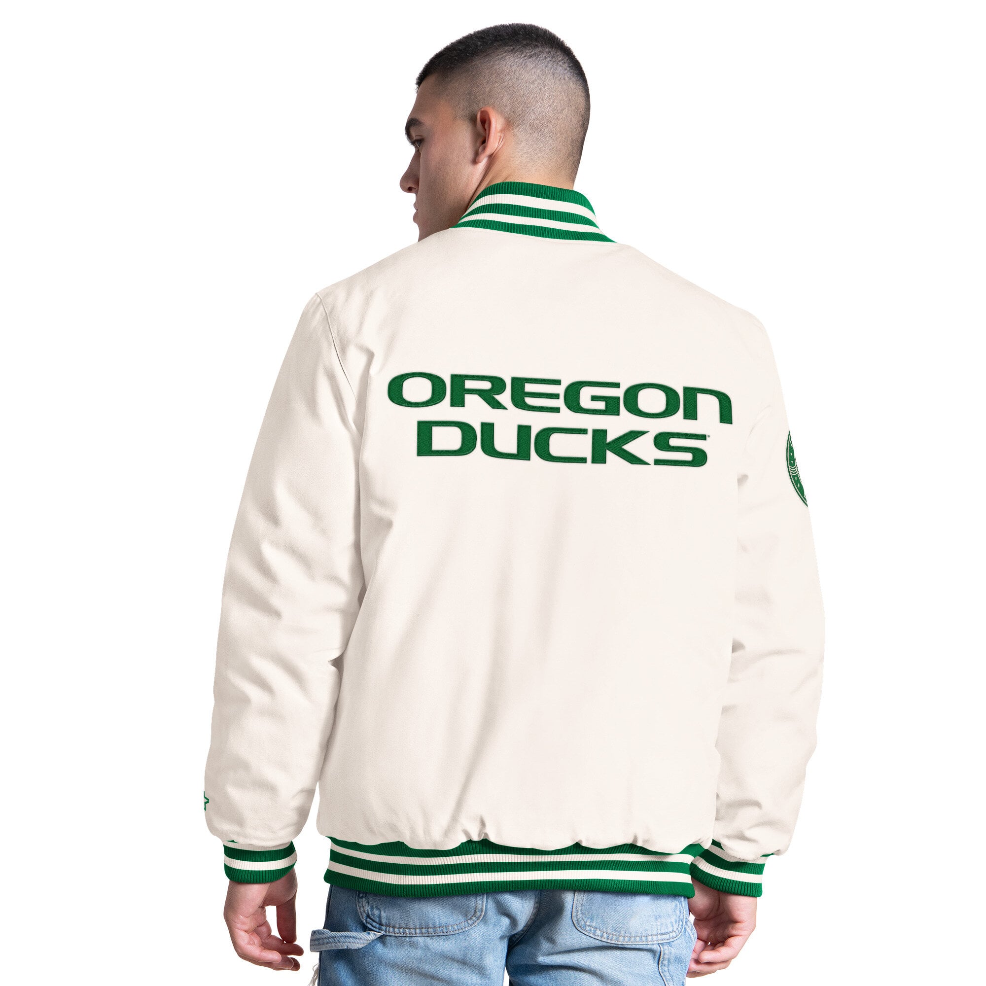 Veste universitaire Starter blanche pour homme, modèle Spectator des Oregon Ducks, fermeture à boutons-pression.
