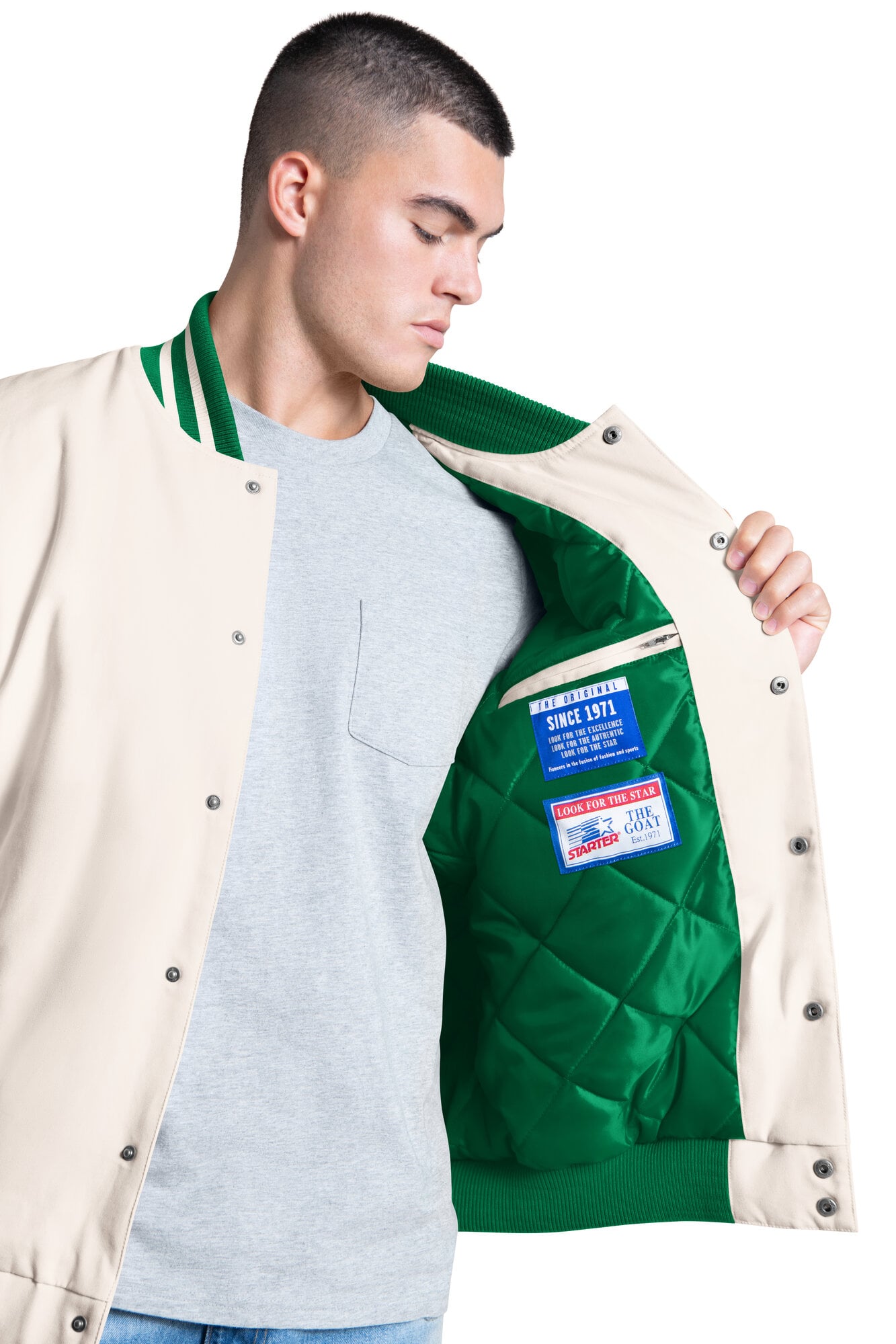 Veste universitaire Starter blanche pour homme, modèle Spectator des Oregon Ducks, fermeture à boutons-pression.