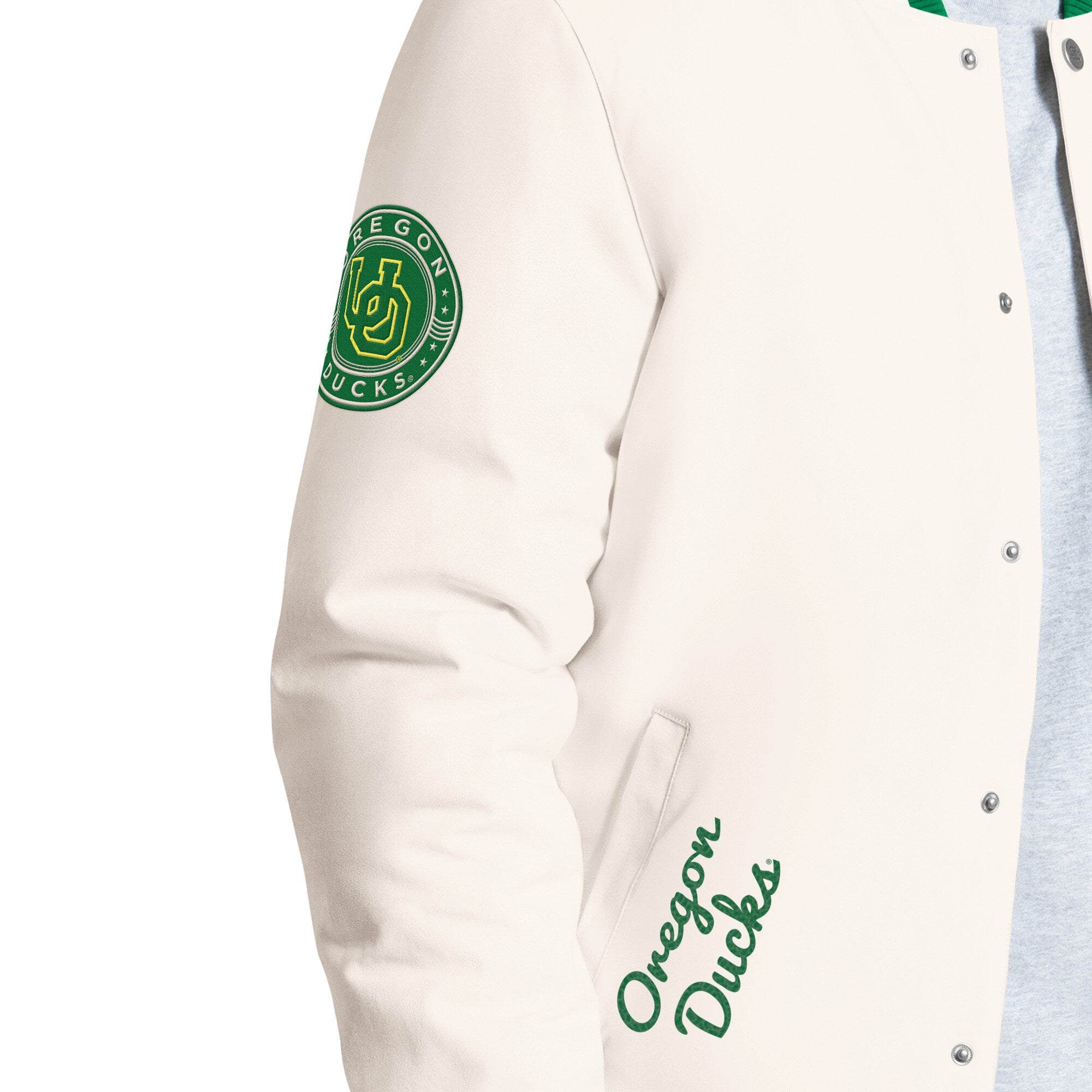 Veste universitaire Starter blanche pour homme, modèle Spectator des Oregon Ducks, fermeture à boutons-pression.