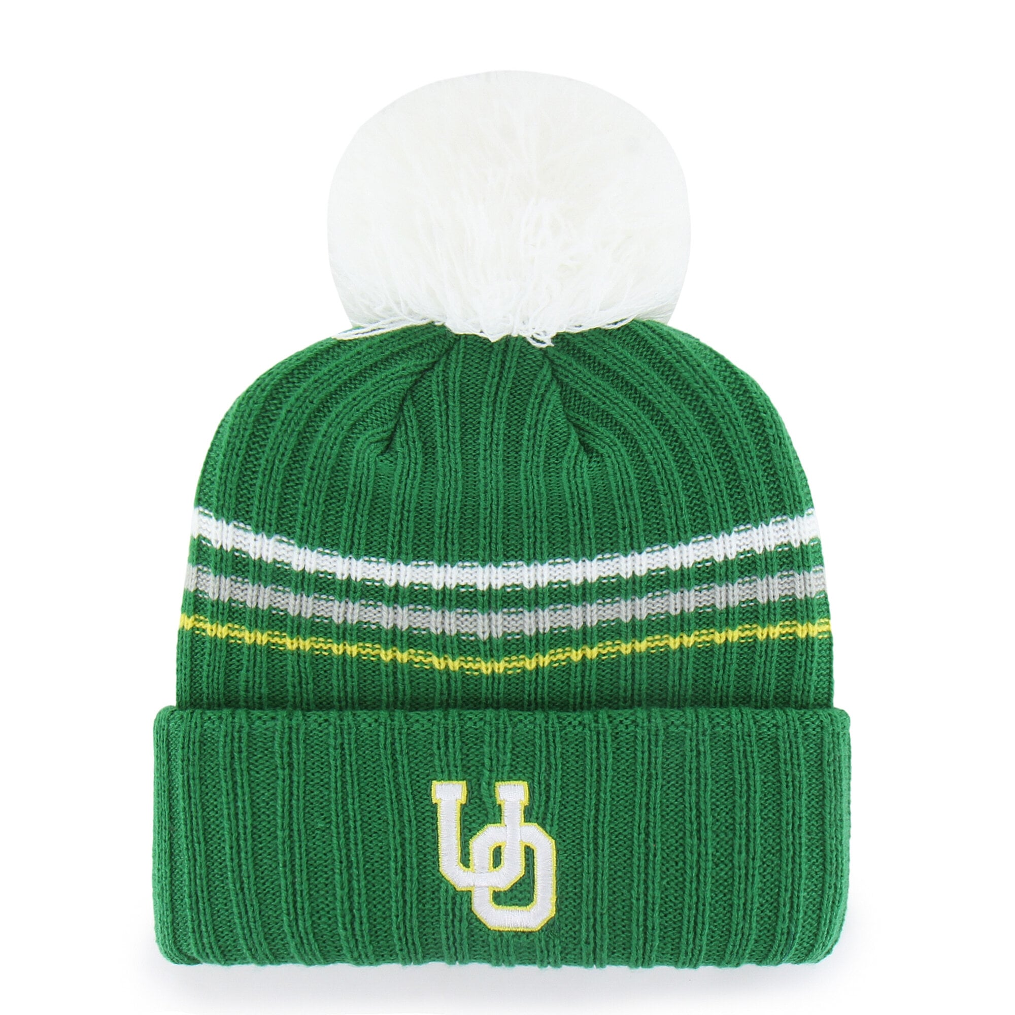 Bonnet tricoté à pompon et inscription duveteuse « 47 Green Oregon Ducks » pour femme