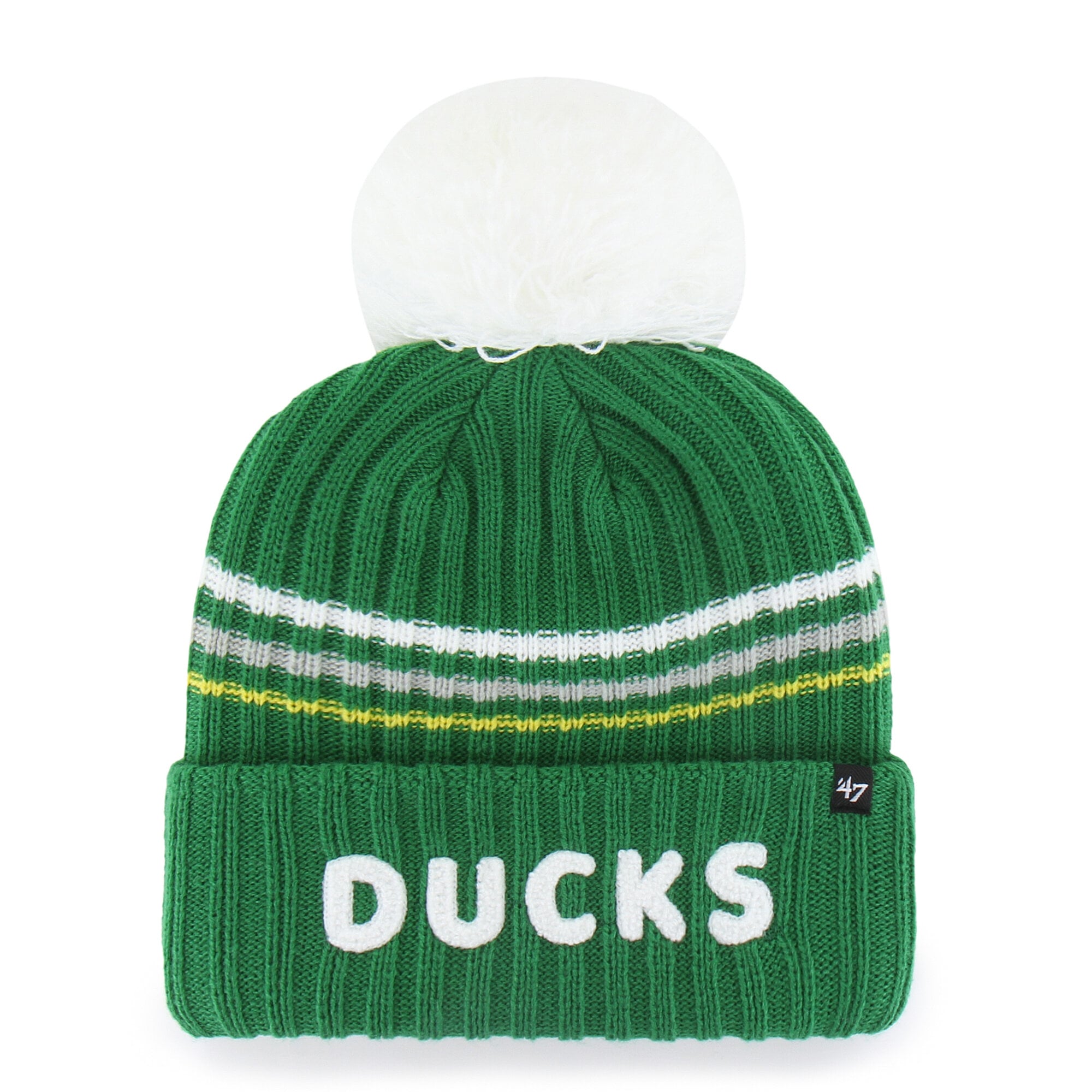 Bonnet tricoté à pompon et inscription duveteuse « 47 Green Oregon Ducks » pour femme