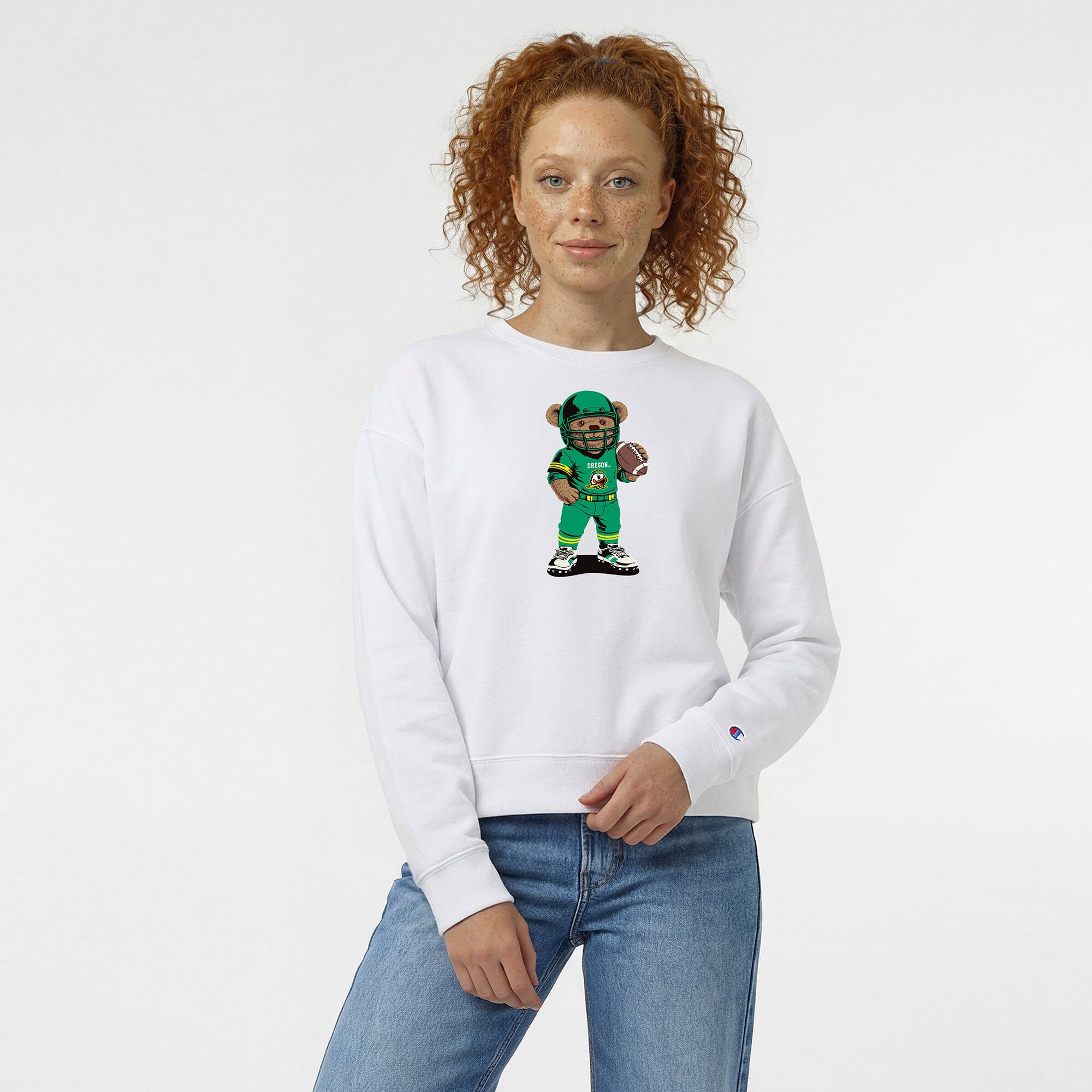 Sweat-shirt Champion blanc pour femmes avec ours en peluche des Oregon Ducks