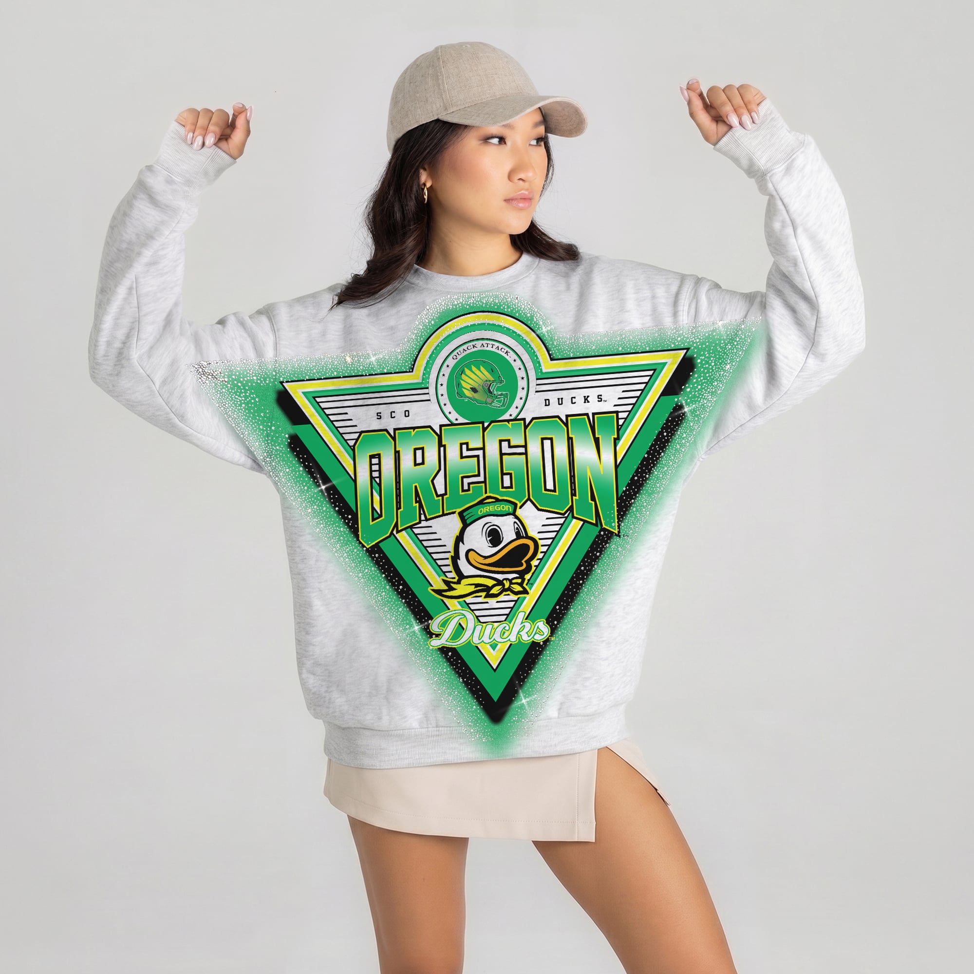 Women's Gameday Couture Gray Oregon Ducks Chasing Victory Rhinestone Spray Oversized Fleece Sweatshirt