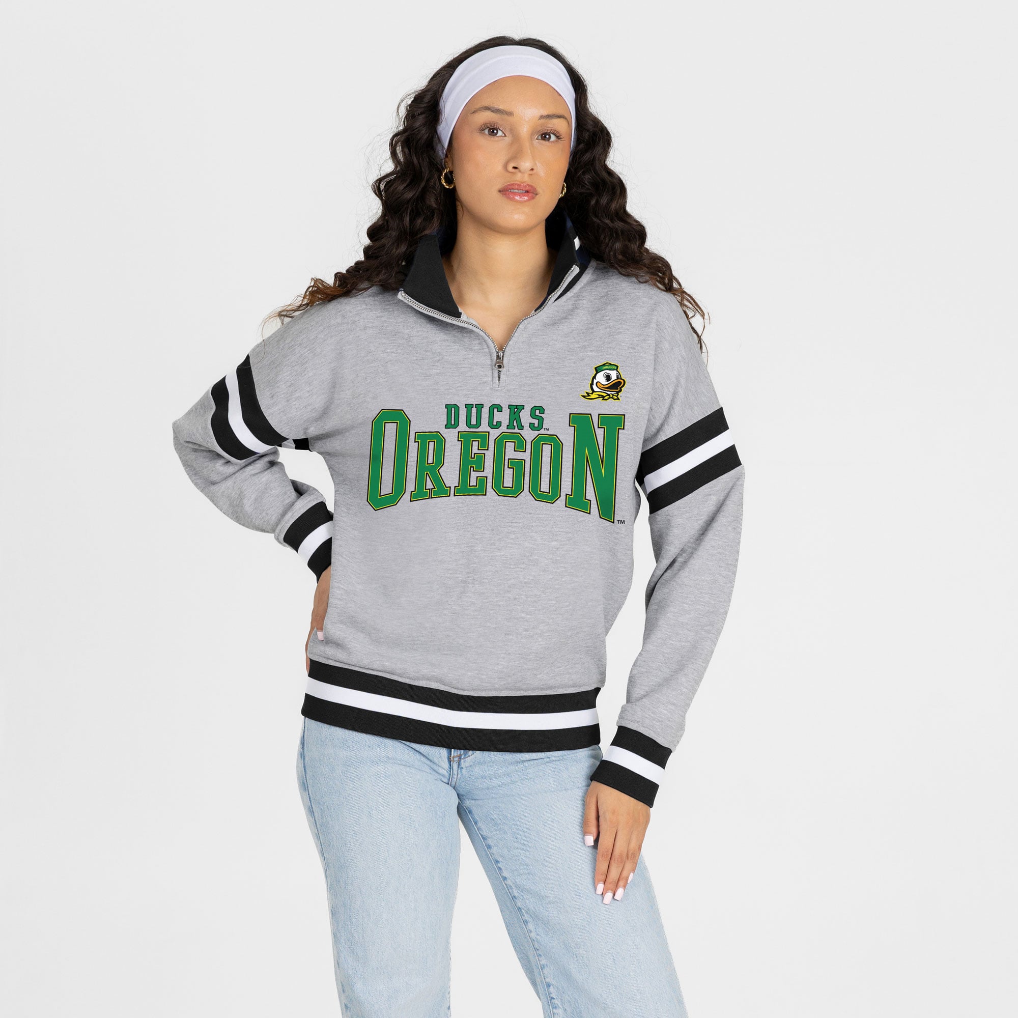 Pull-over à col zippé gris Oregon Ducks Hold the Line pour femme, collection Gameday Couture