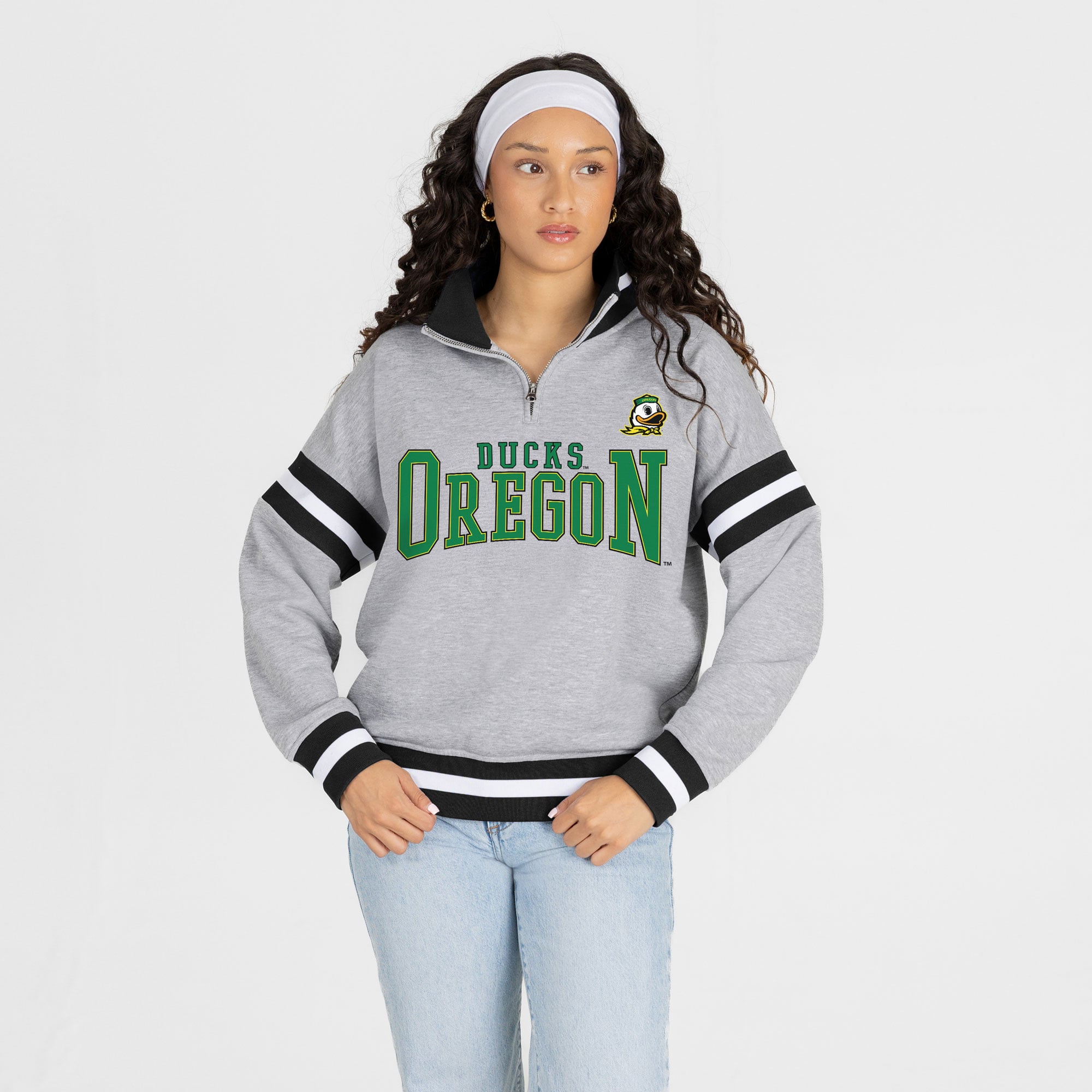 Pull-over à col zippé gris Oregon Ducks Hold the Line pour femme, collection Gameday Couture