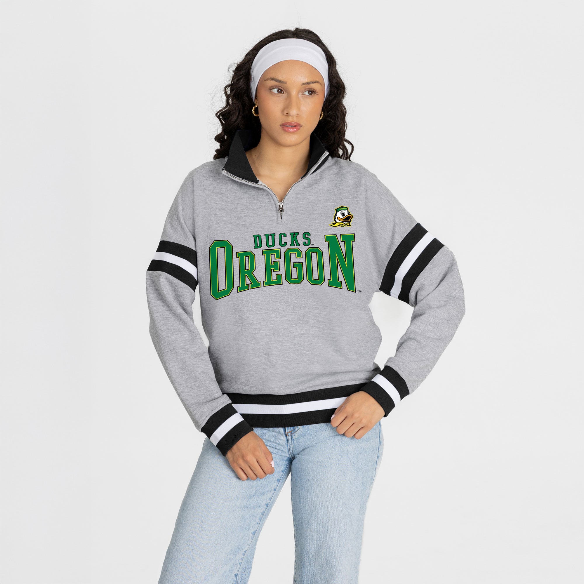 Pull-over à col zippé gris Oregon Ducks Hold the Line pour femme, collection Gameday Couture