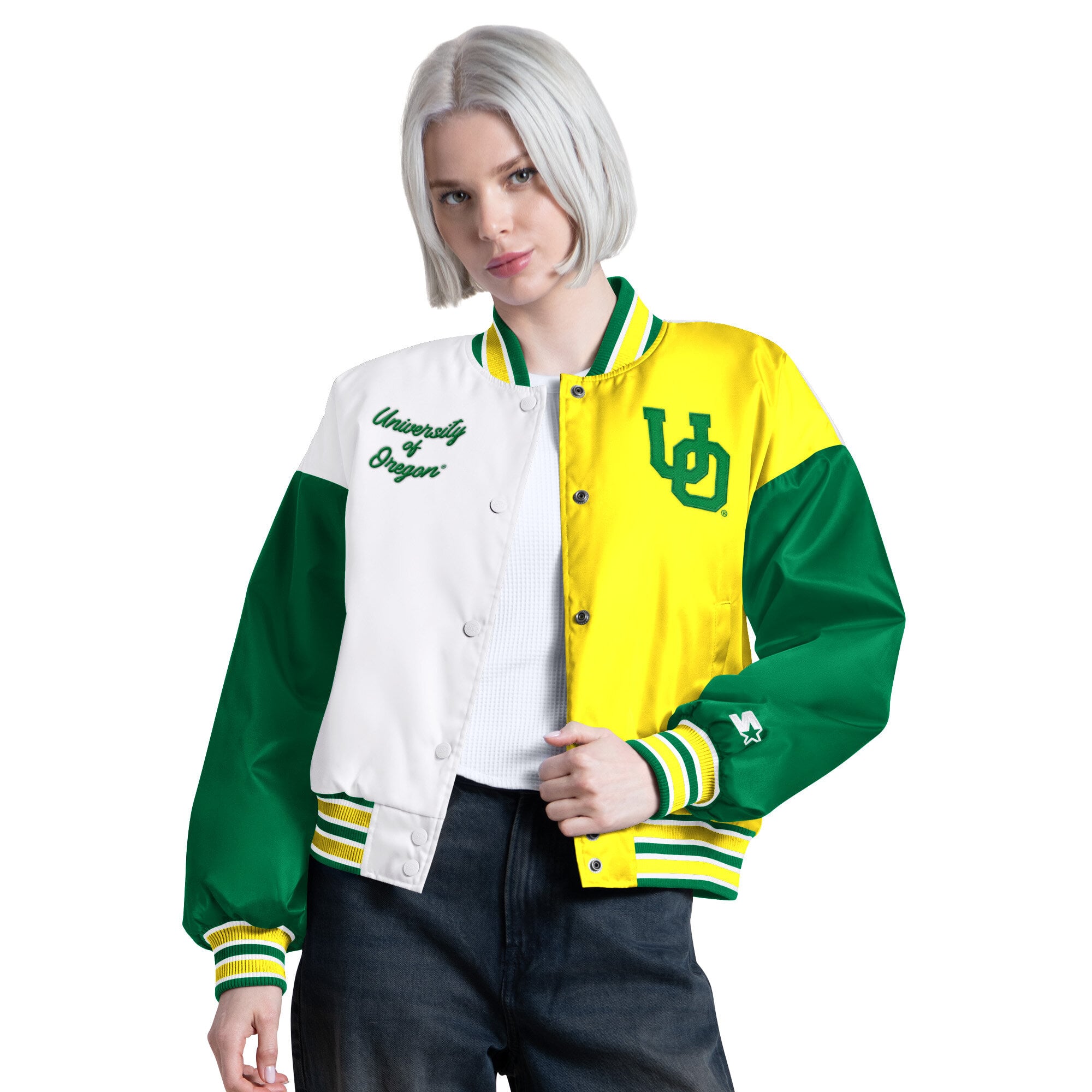 Veste universitaire Starter verte et jaune pour femmes, modèle Game On des Oregon Ducks.