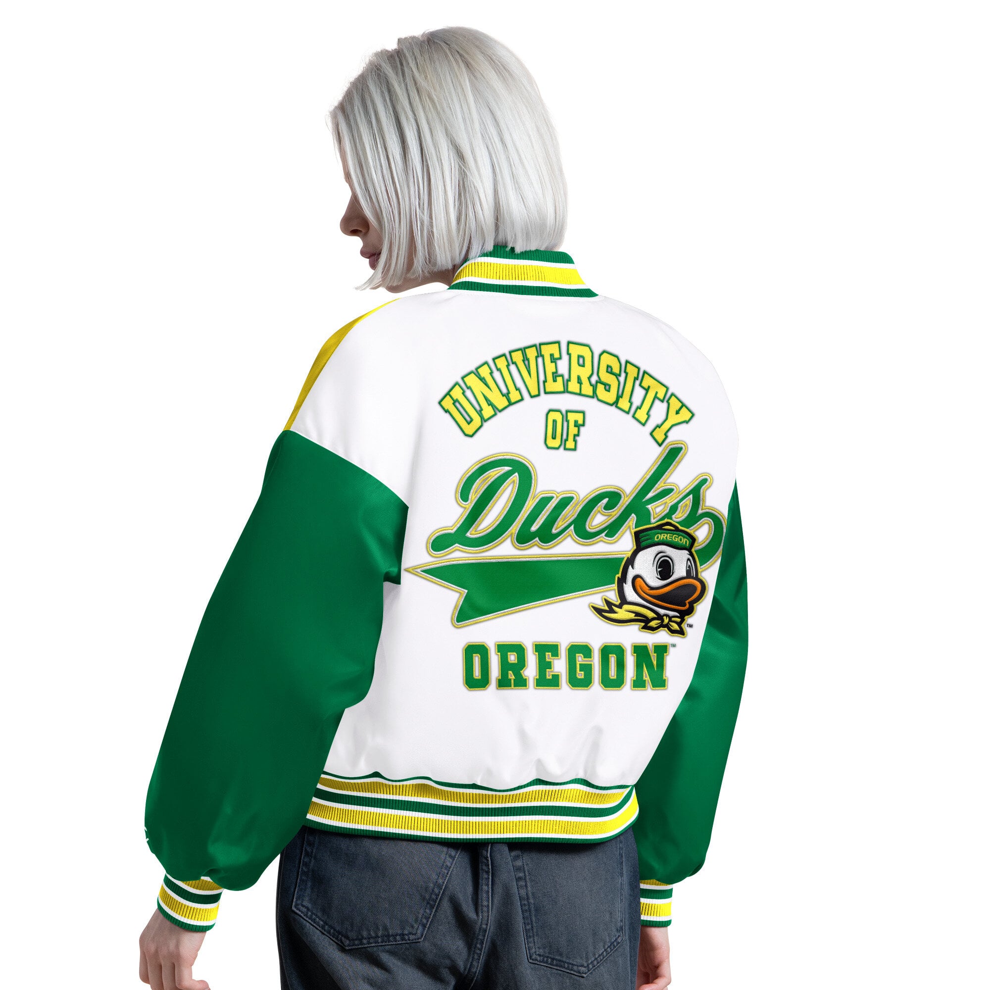 Veste universitaire Starter verte et jaune pour femmes, modèle Game On des Oregon Ducks.