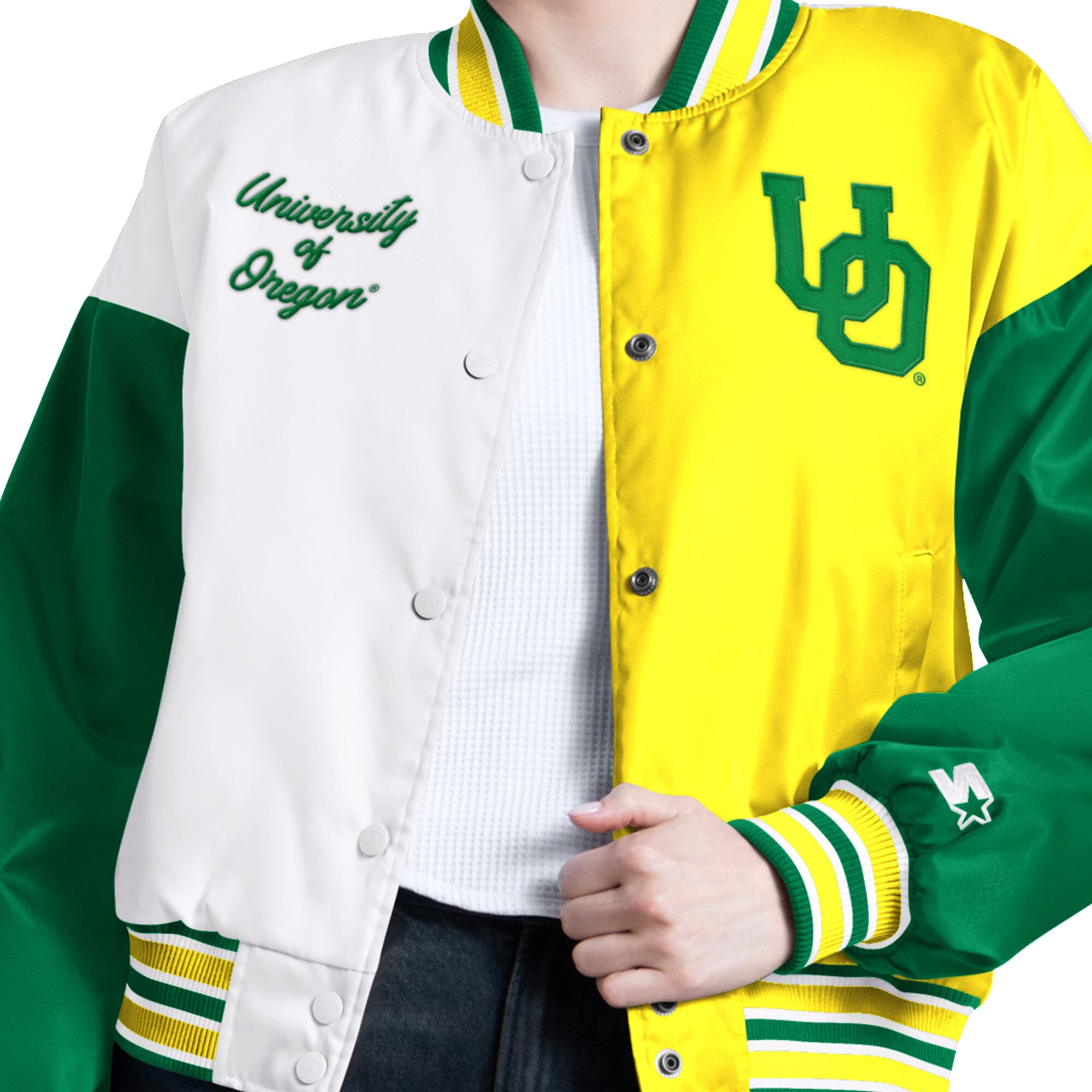 Veste universitaire Starter verte et jaune pour femmes, modèle Game On des Oregon Ducks.