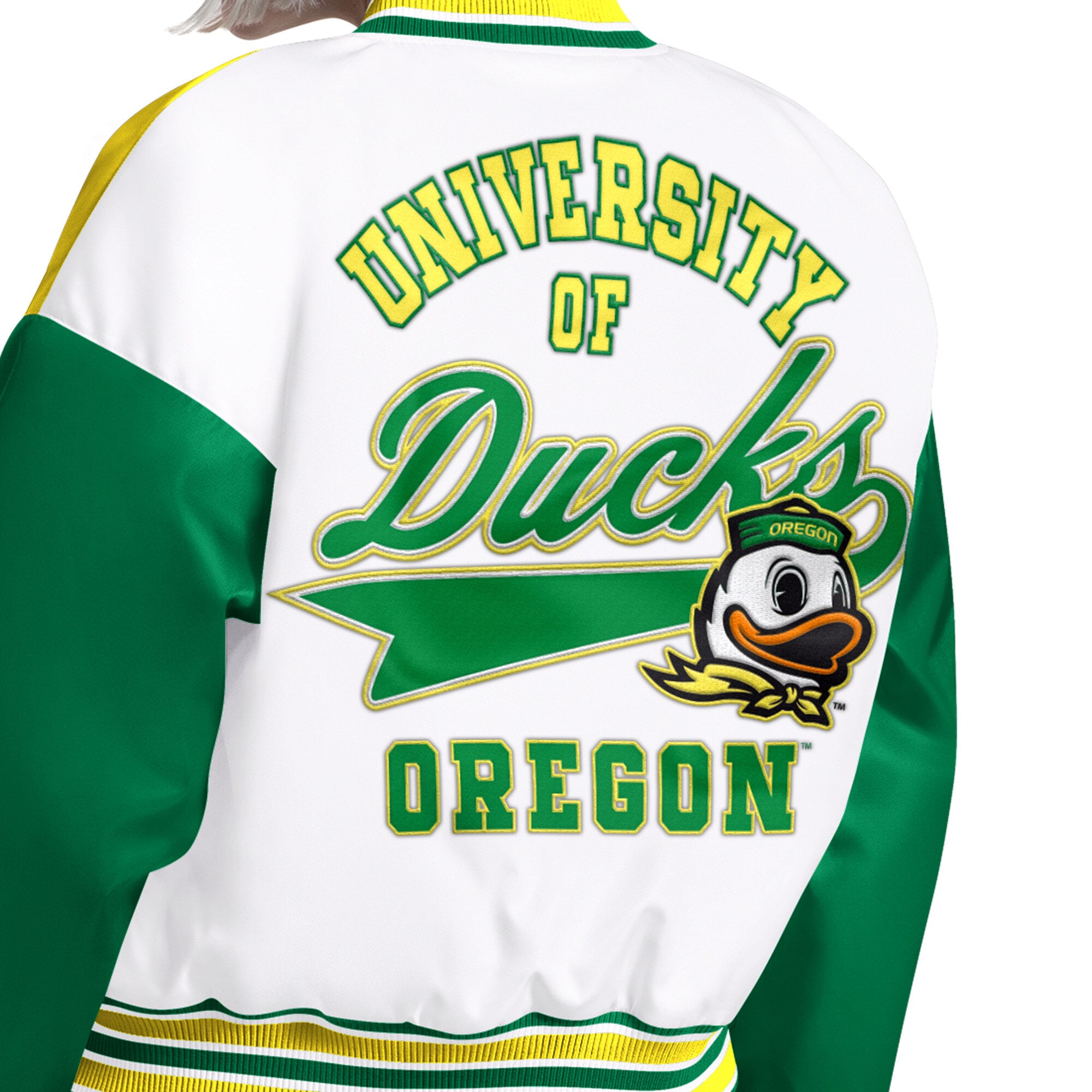 Veste universitaire Starter verte et jaune pour femmes, modèle Game On des Oregon Ducks.