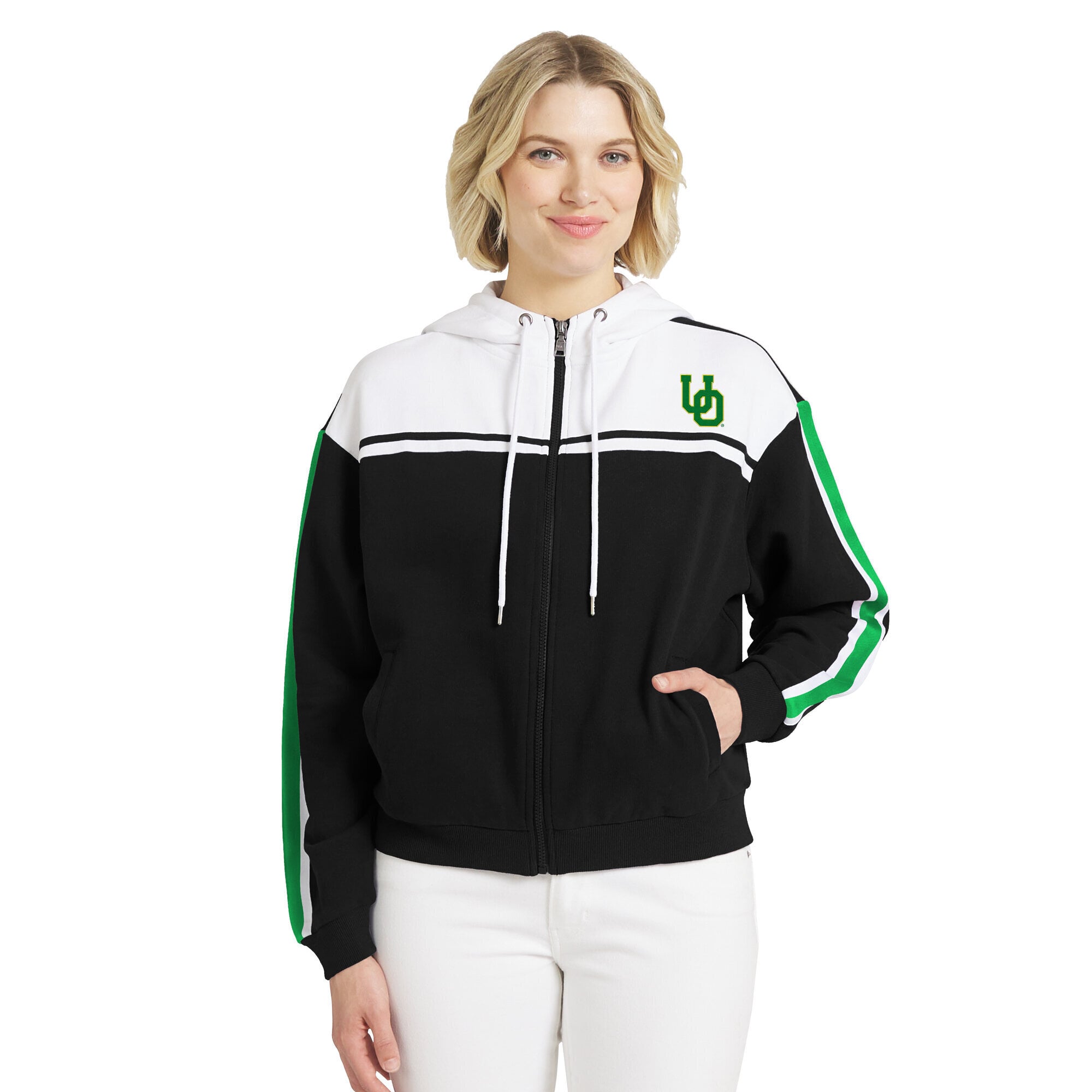 Sweat à capuche zippé noir rayures colorblock Oregon Ducks pour femme de la marque WEAR by Erin Andrews