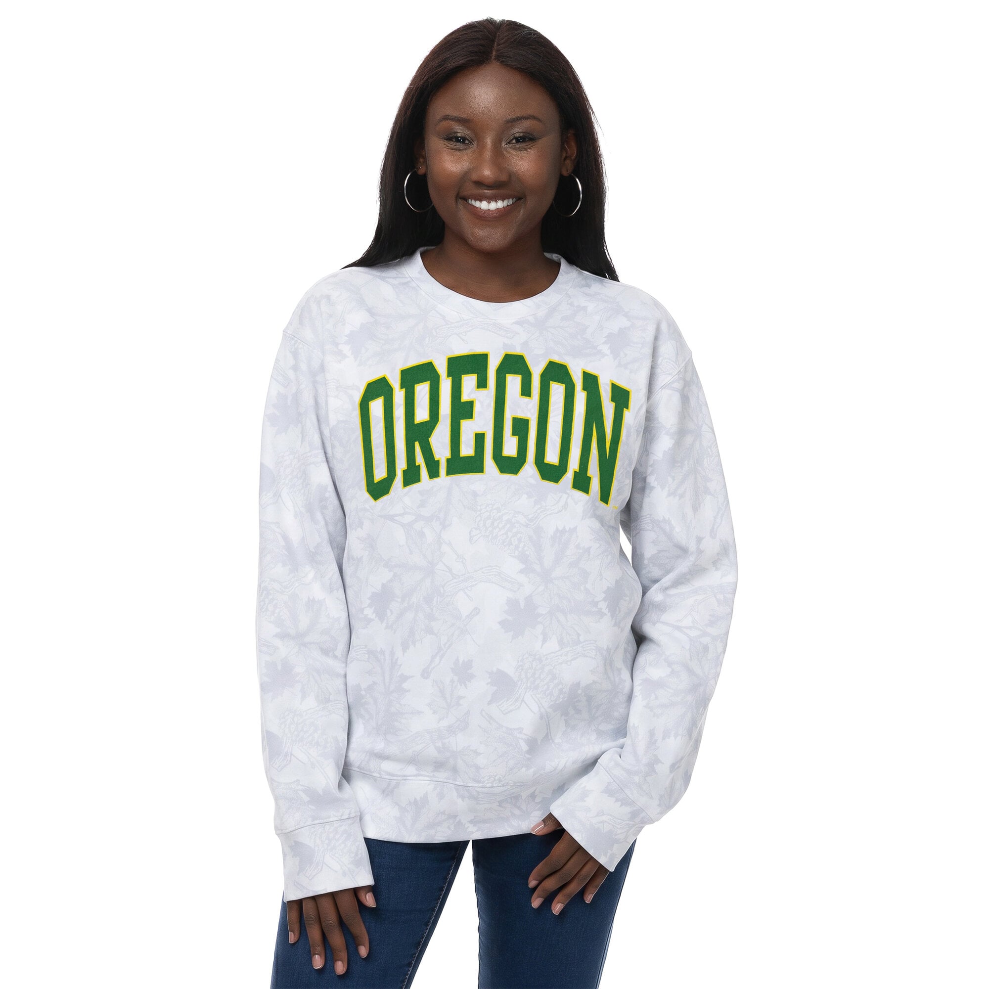 Women's ZooZatz Gray Oregon Ducks Camo Arch Logo Fleece Crewneck Sweatshirt