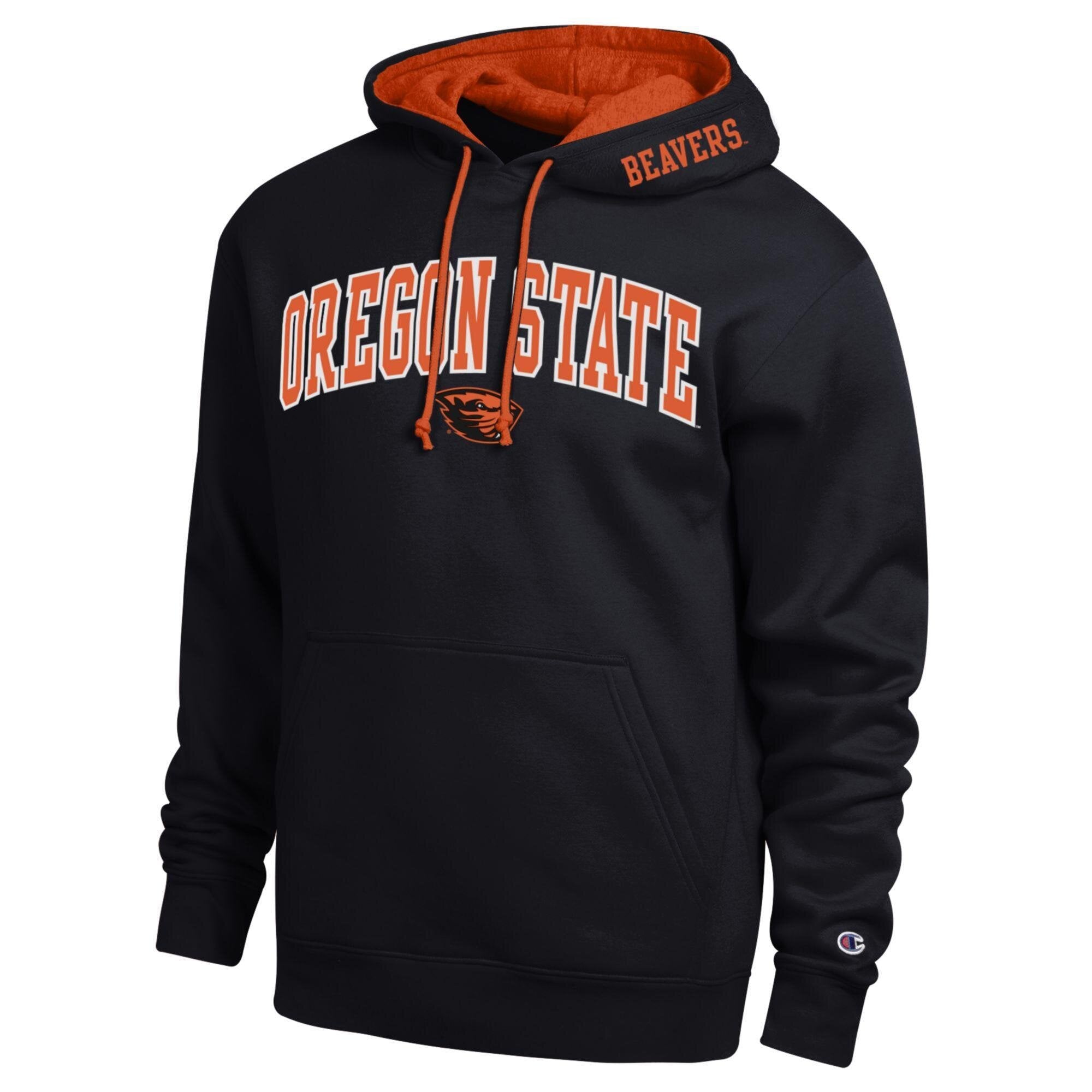 Men's Champion Black Oregon State Beavers Arch Tackle Twill Hoodie