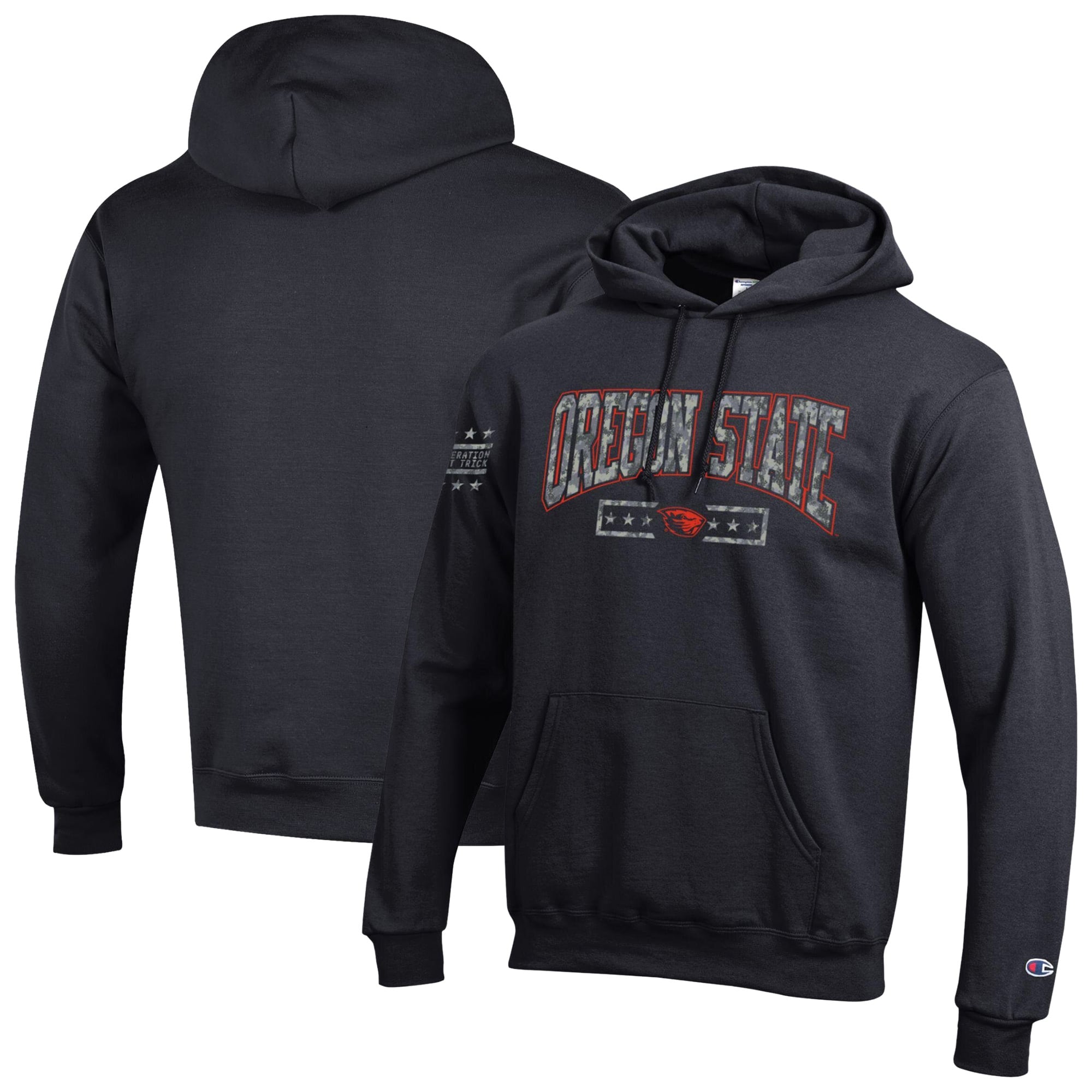 Men's Champion Black Oregon State Beavers Operation Hat Trick Camo Script Powerblend Fleece Hoodie
