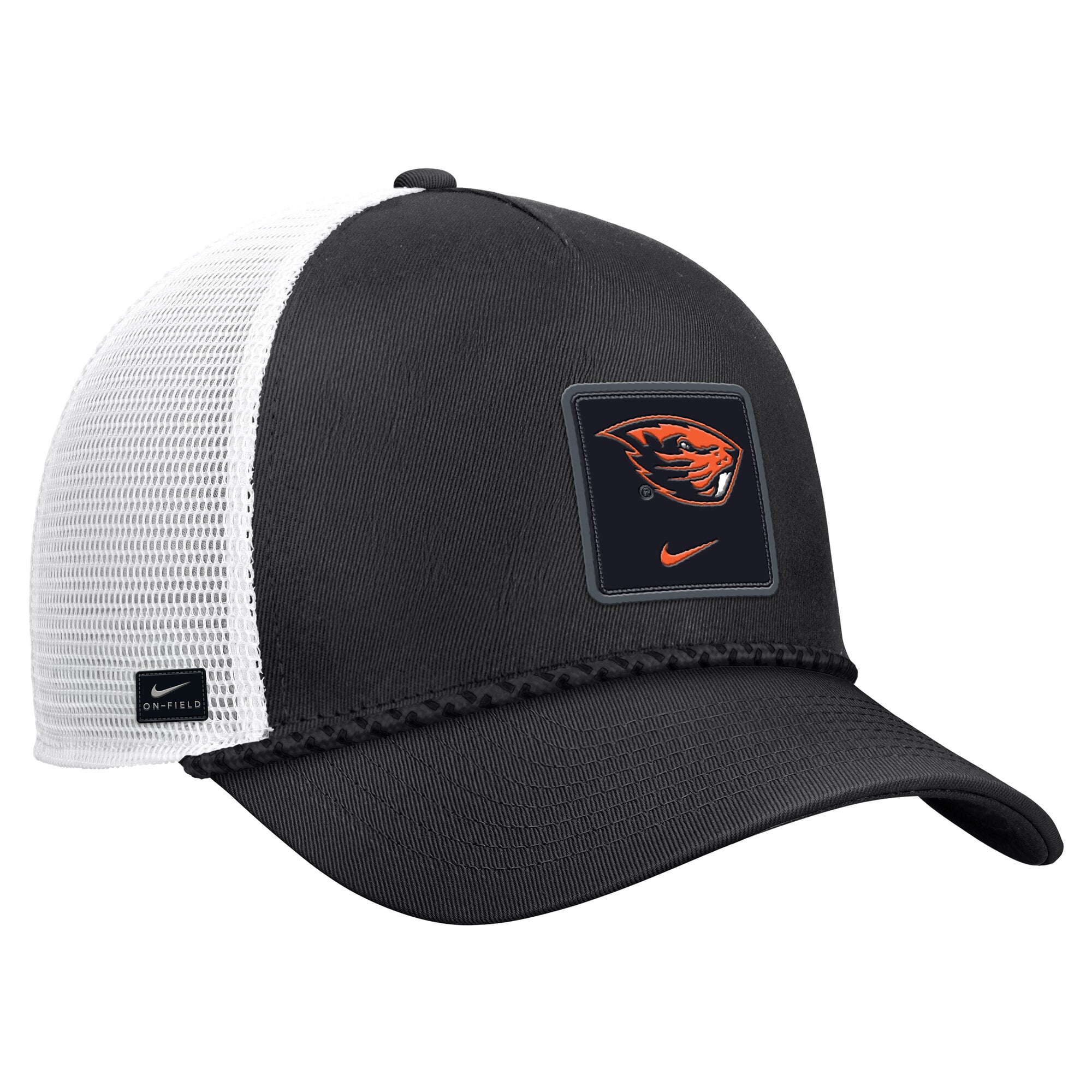 Casquette trucker ajustable Nike noire pour homme, modèle Oregon State Beavers 2026, avec corde de sécurité.