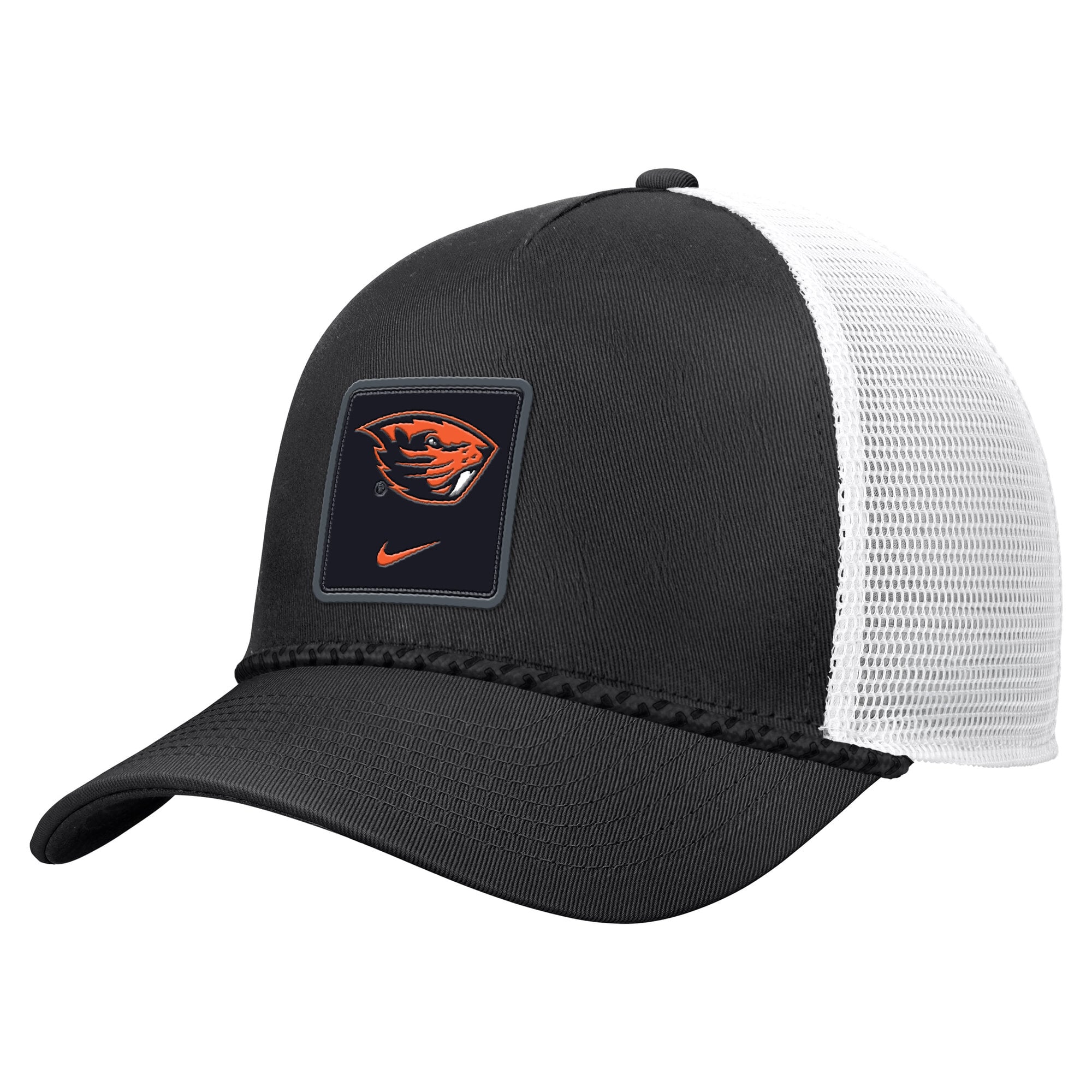 Casquette trucker ajustable Nike noire pour homme, modèle Oregon State Beavers 2026, avec corde de sécurité.