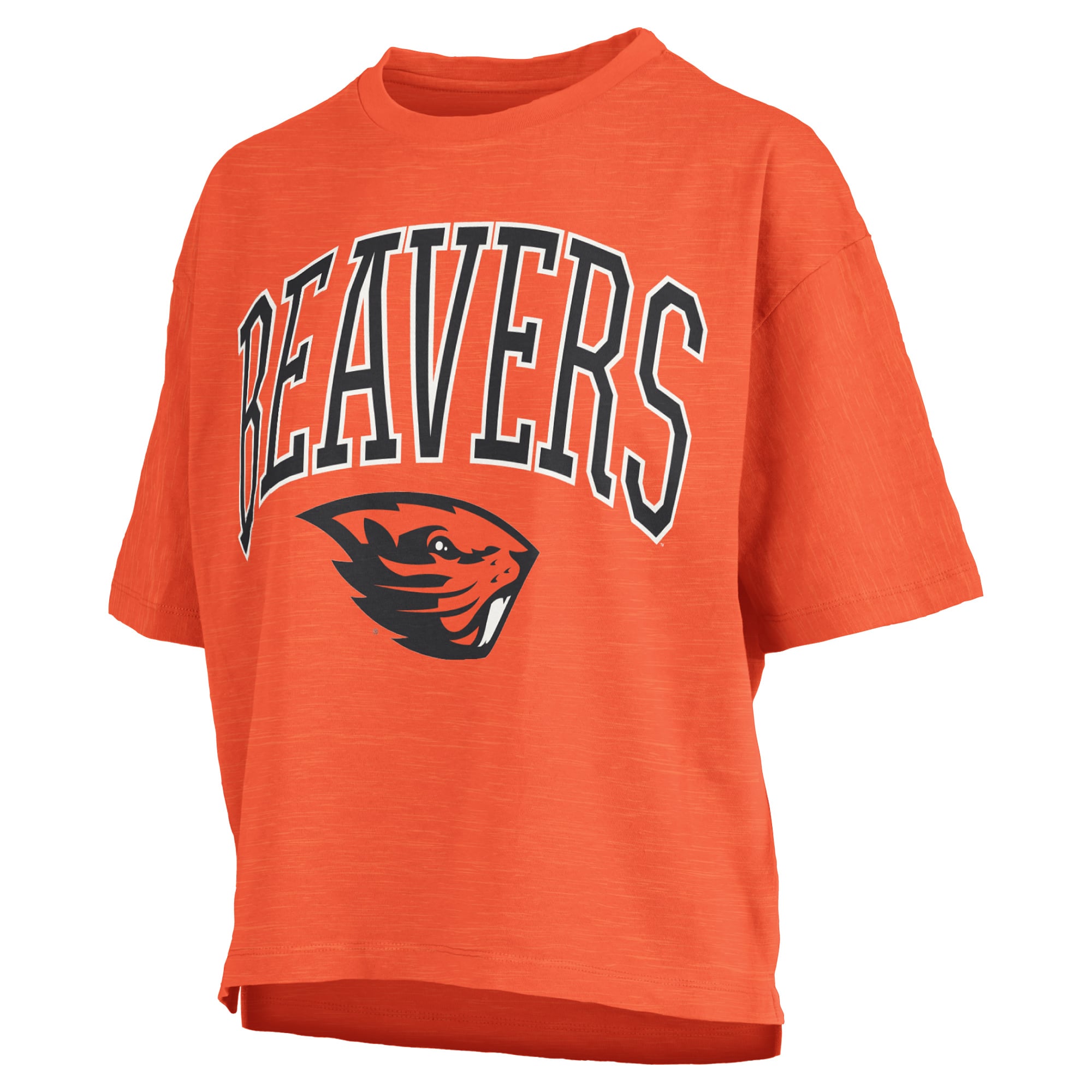 T-shirt oversize Pressbox Orange Oregon State Beavers pour femmes, logo Nelson Arch Over, en tissu flammé.