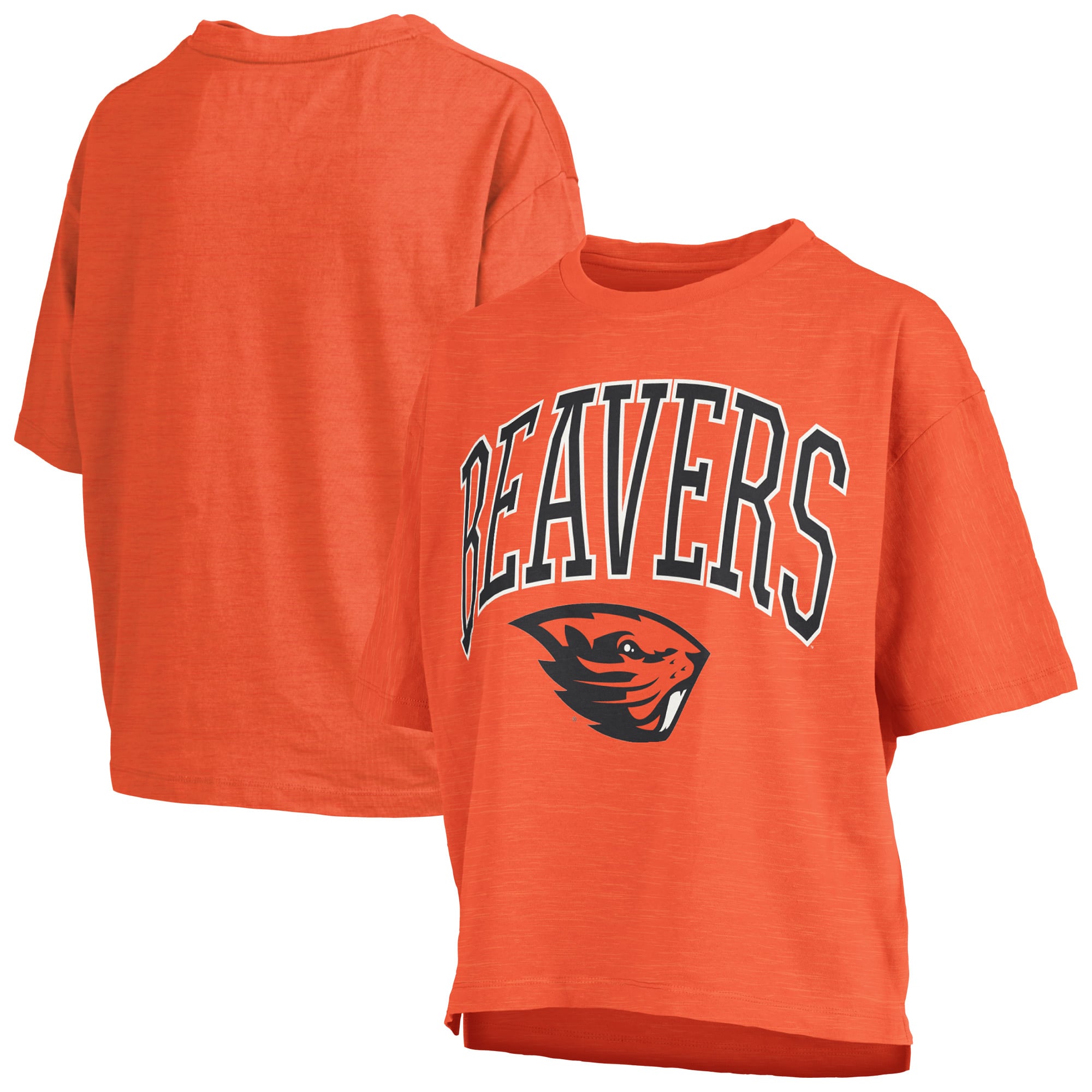T-shirt oversize Pressbox Orange Oregon State Beavers pour femmes, logo Nelson Arch Over, en tissu flammé.