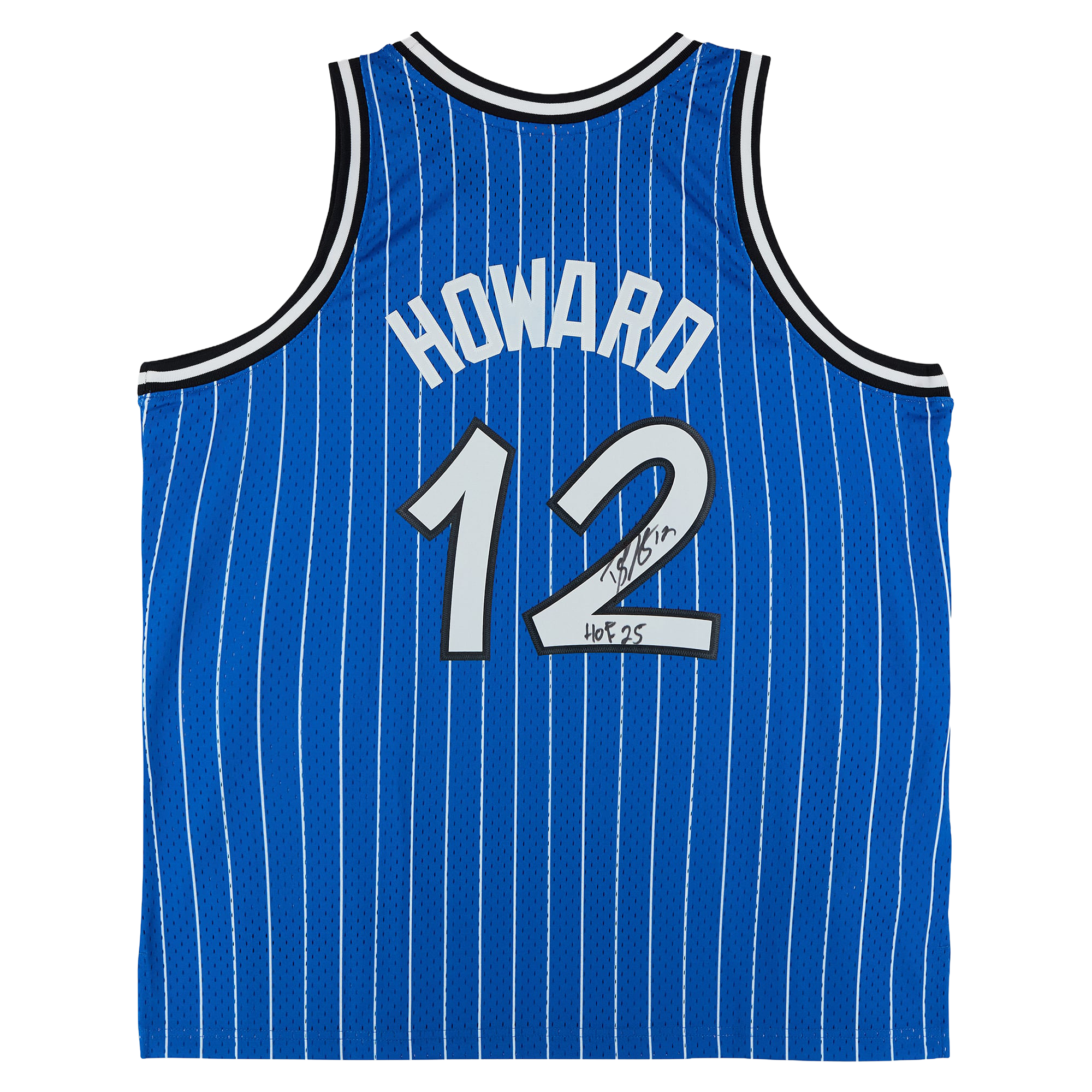 Maillot Swingman bleu Hall of Fame 2004-05 de Dwight Howard (Orlando Magic), autographié par Mitchell & Ness, avec inscription « HOF 25 ».