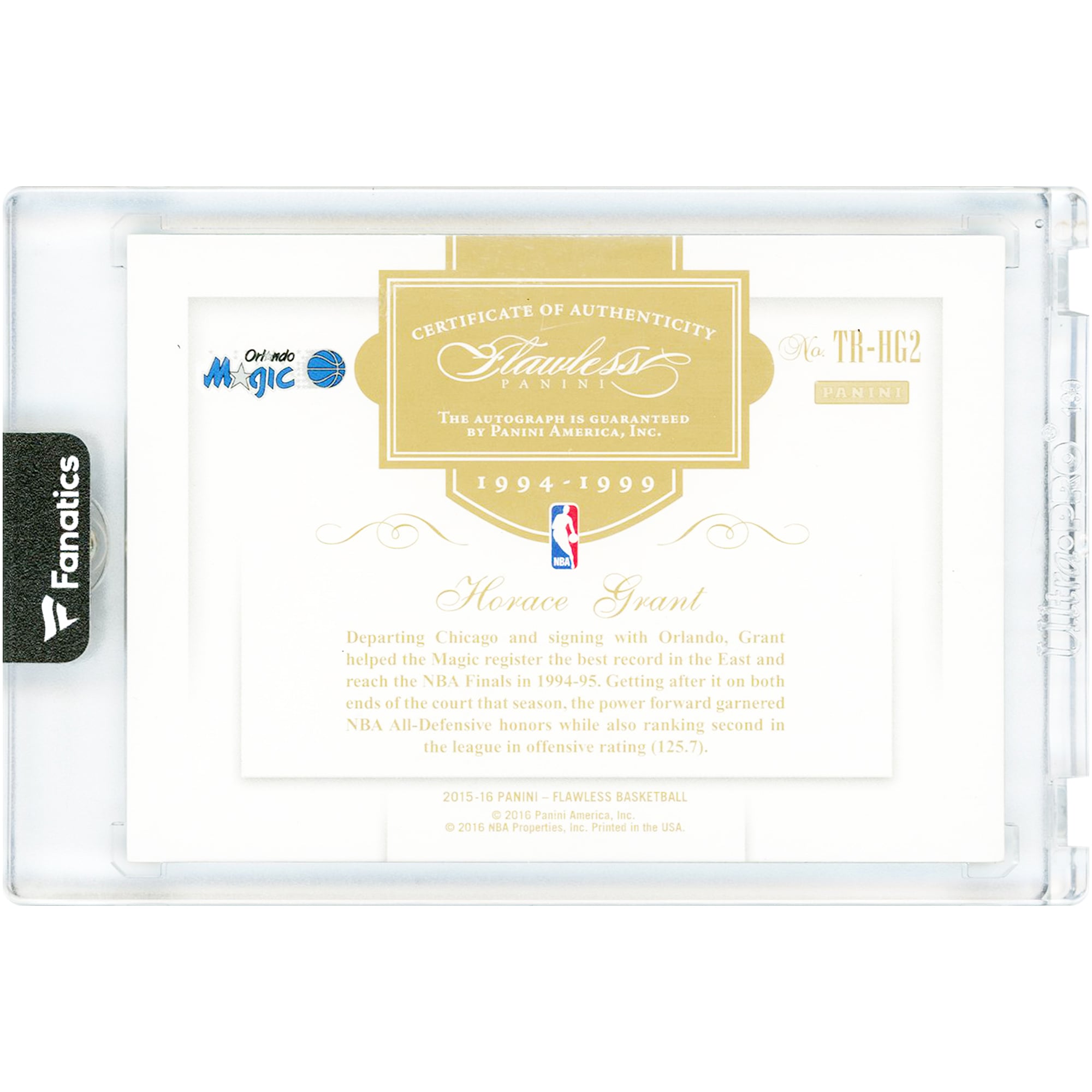 Carte autographiée Horace Grant Orlando Magic 2015-16 Panini Flawless Transitions Gold #TR-HG2 #5/25