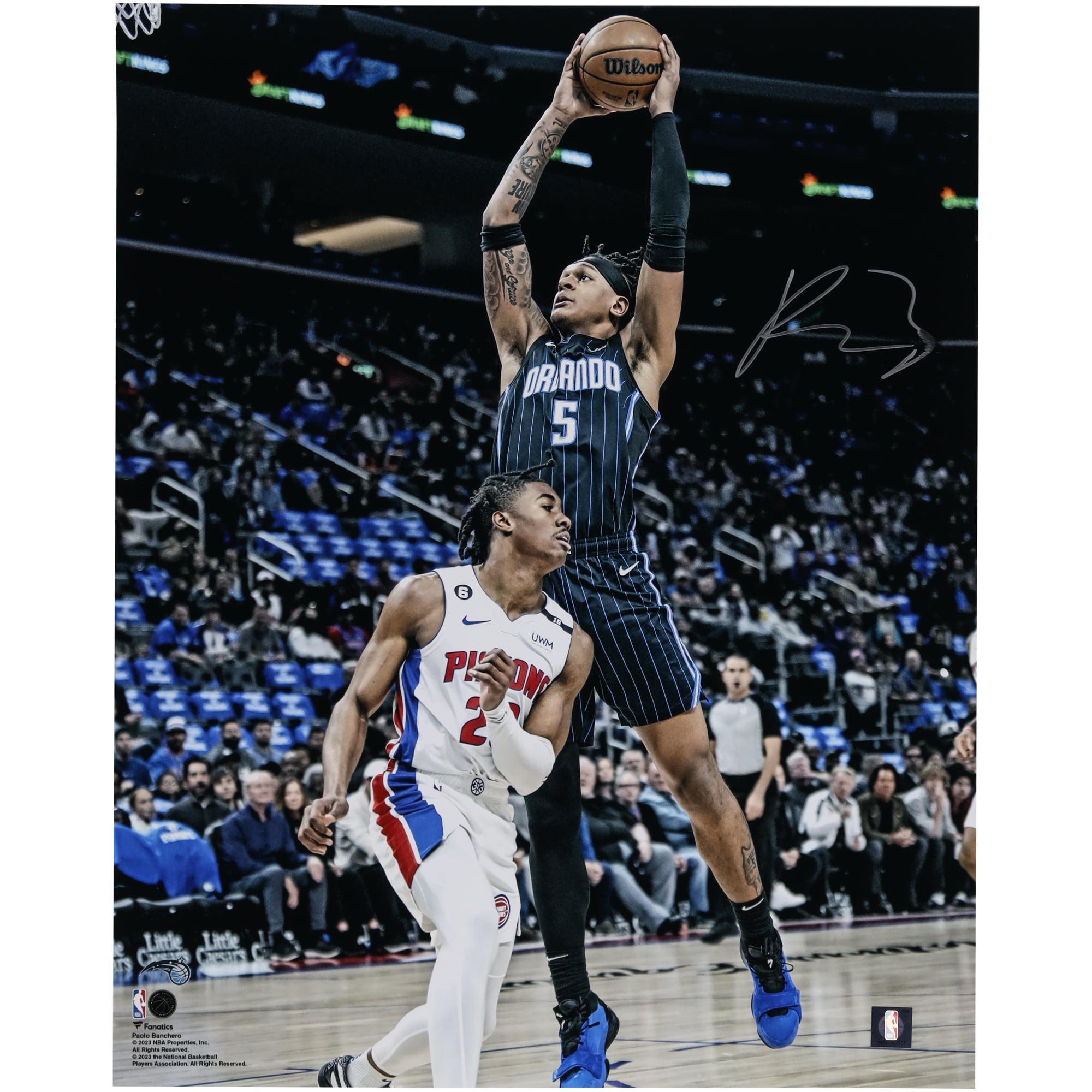 Photo dédicacée de Paolo Banchero (Orlando Magic) - Dunk contre les Detroit Pistons - Débuts en NBA (40,6 x 50,8 cm)