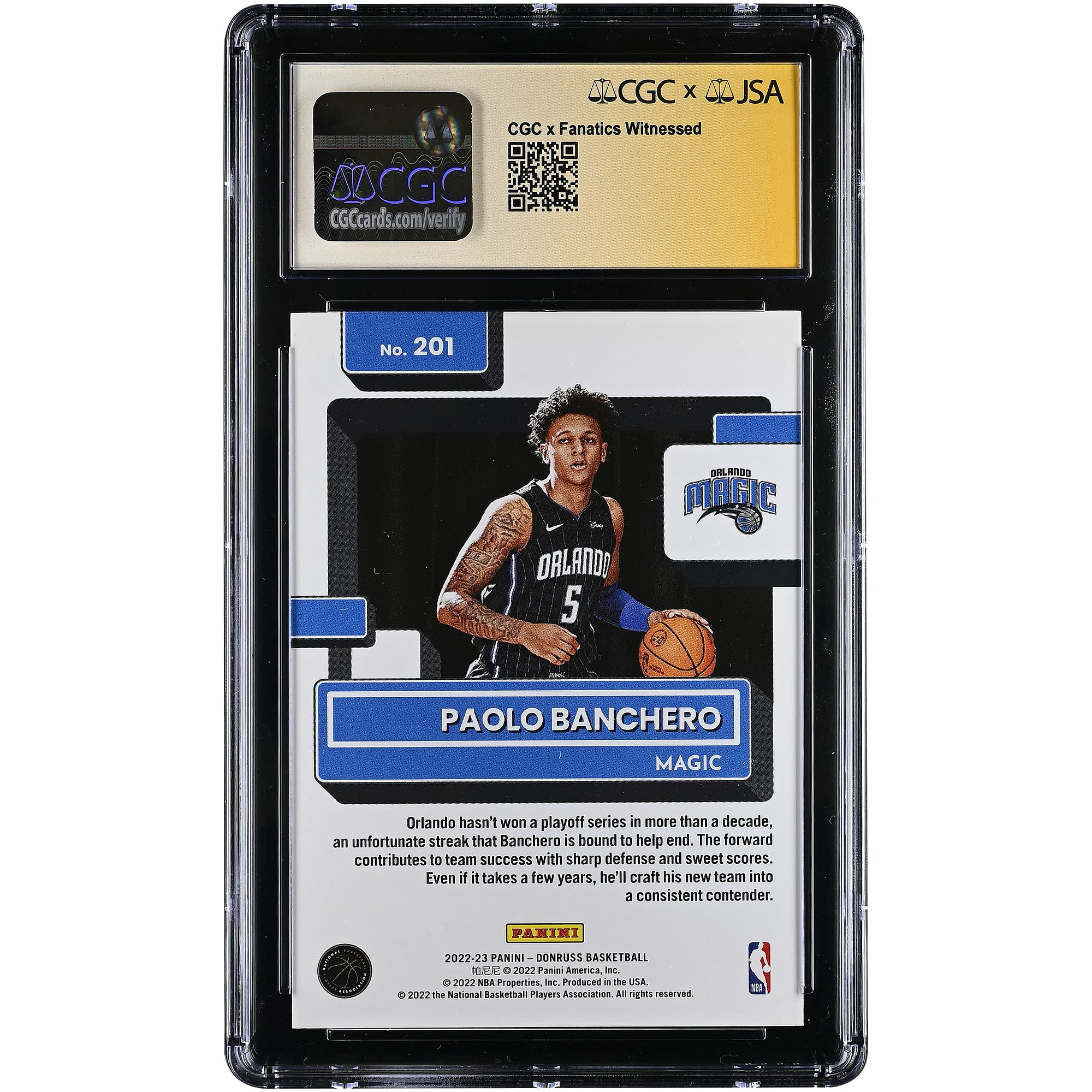 Paolo Banchero Orlando Magic Autographed 2022-23 Donruss #201 CGC Authenticated /10 Rookie Card