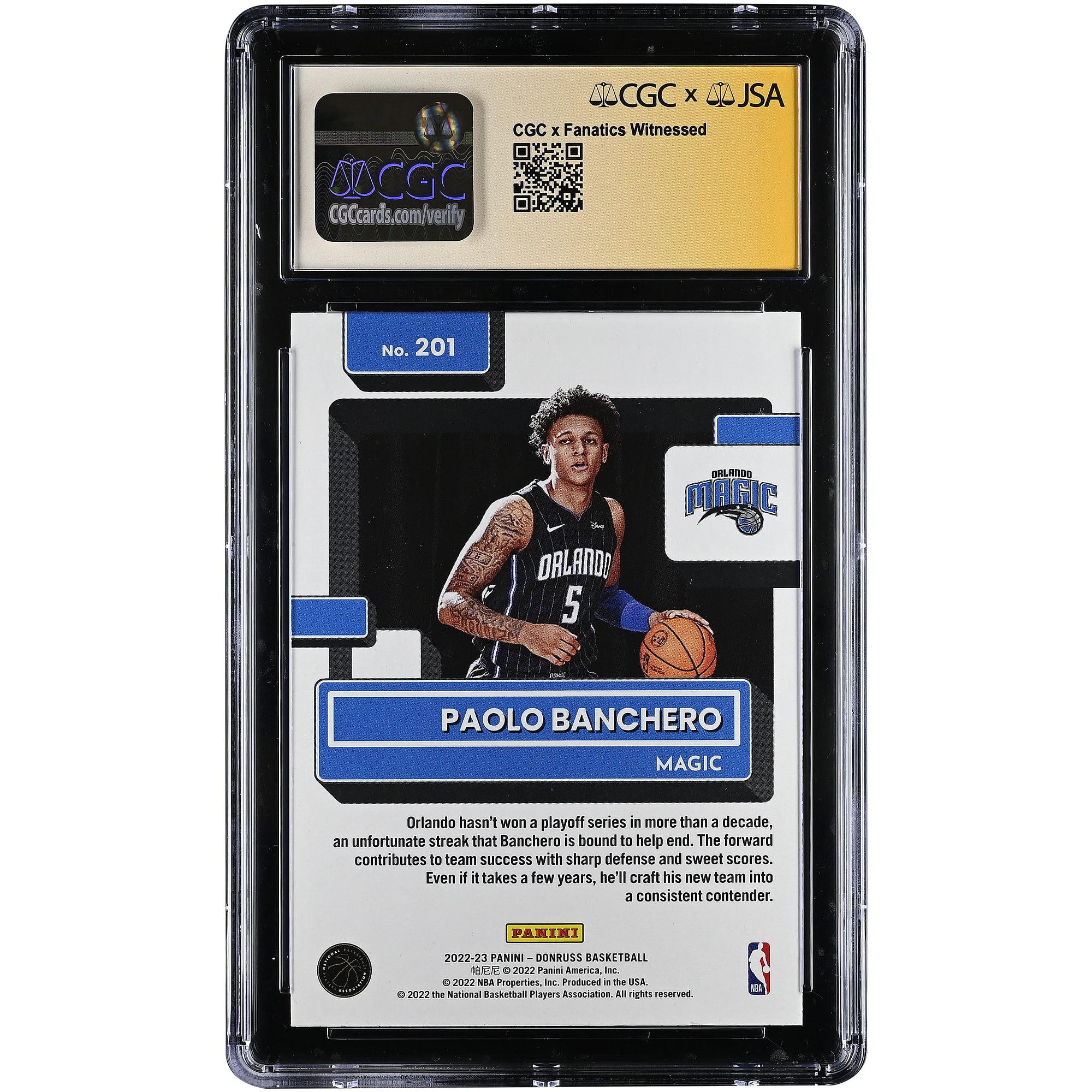Paolo Banchero Orlando Magic Autographed 2022-23 Donruss #201 CGC Authenticated MINT+ 9.5 Rookie Card