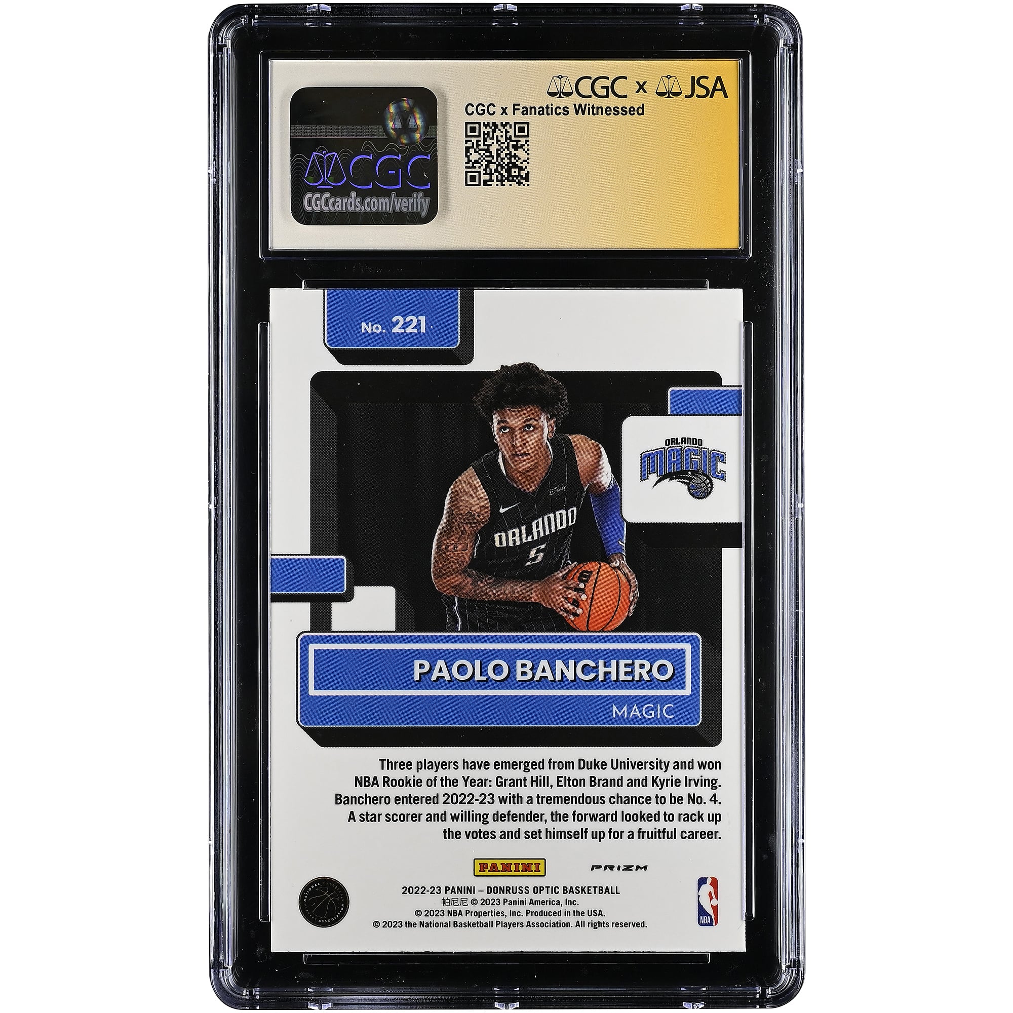 Paolo Banchero Orlando Magic Autographed 2022-23 Donruss Optic Holo #221 CGC Authenticated MINT+ 9.5 Rookie Card