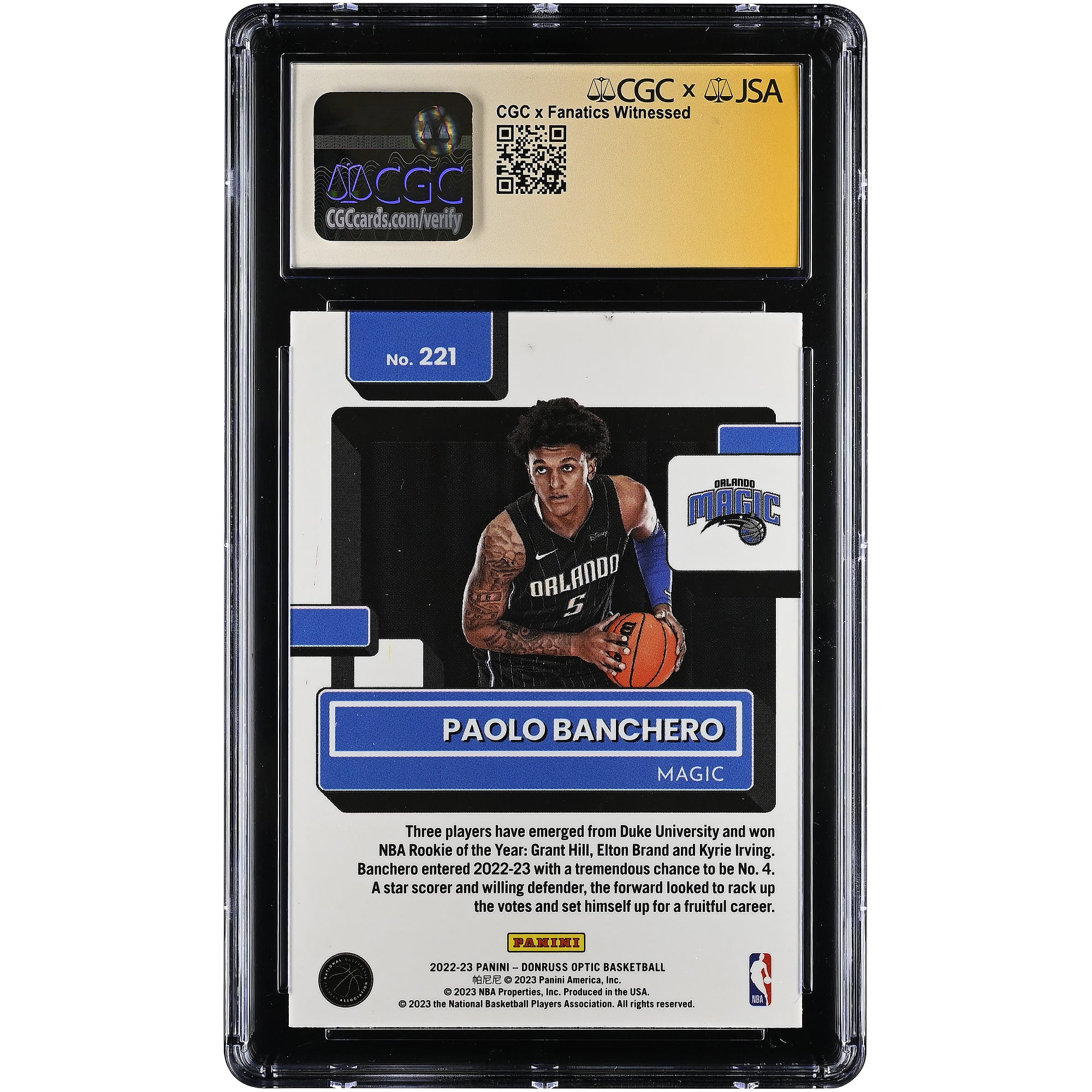 Paolo Banchero Orlando Magic Autographed 2022-23 Donruss Optic #221 CGC Authenticated Auto 10 Rookie Card