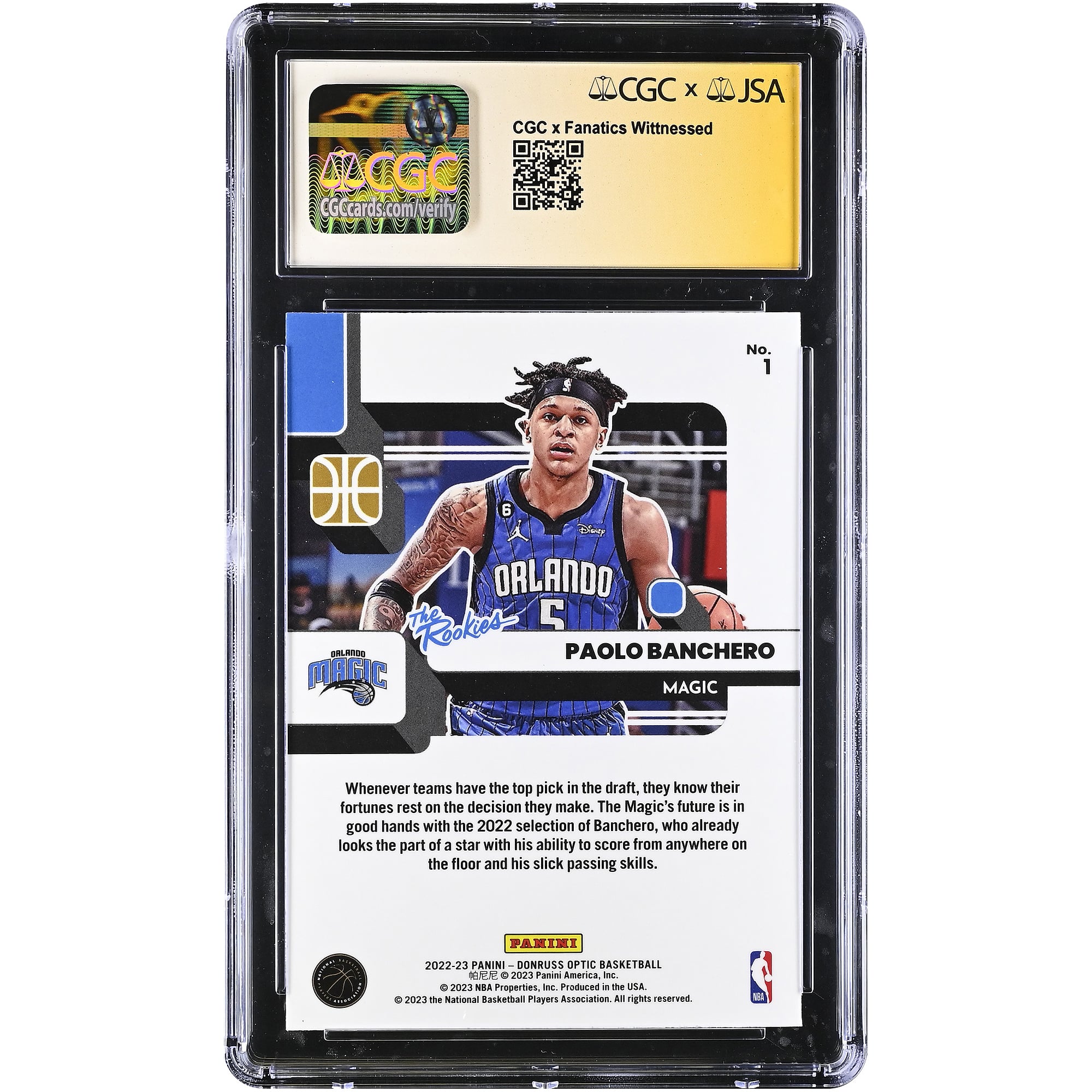 Paolo Banchero Orlando Magic Autographed 2022-23 Donruss Optic The Rookies #1 CGC Authenticated 10/10 Rookie Card