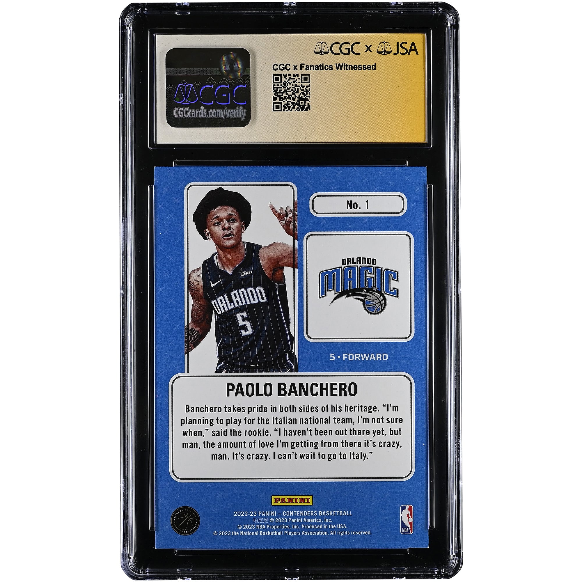 Paolo Banchero Orlando Magic Autographed 2022-23 Panini Contenders Lottery Ticket #1 CGC Authenticated 9.5/10 Rookie Card