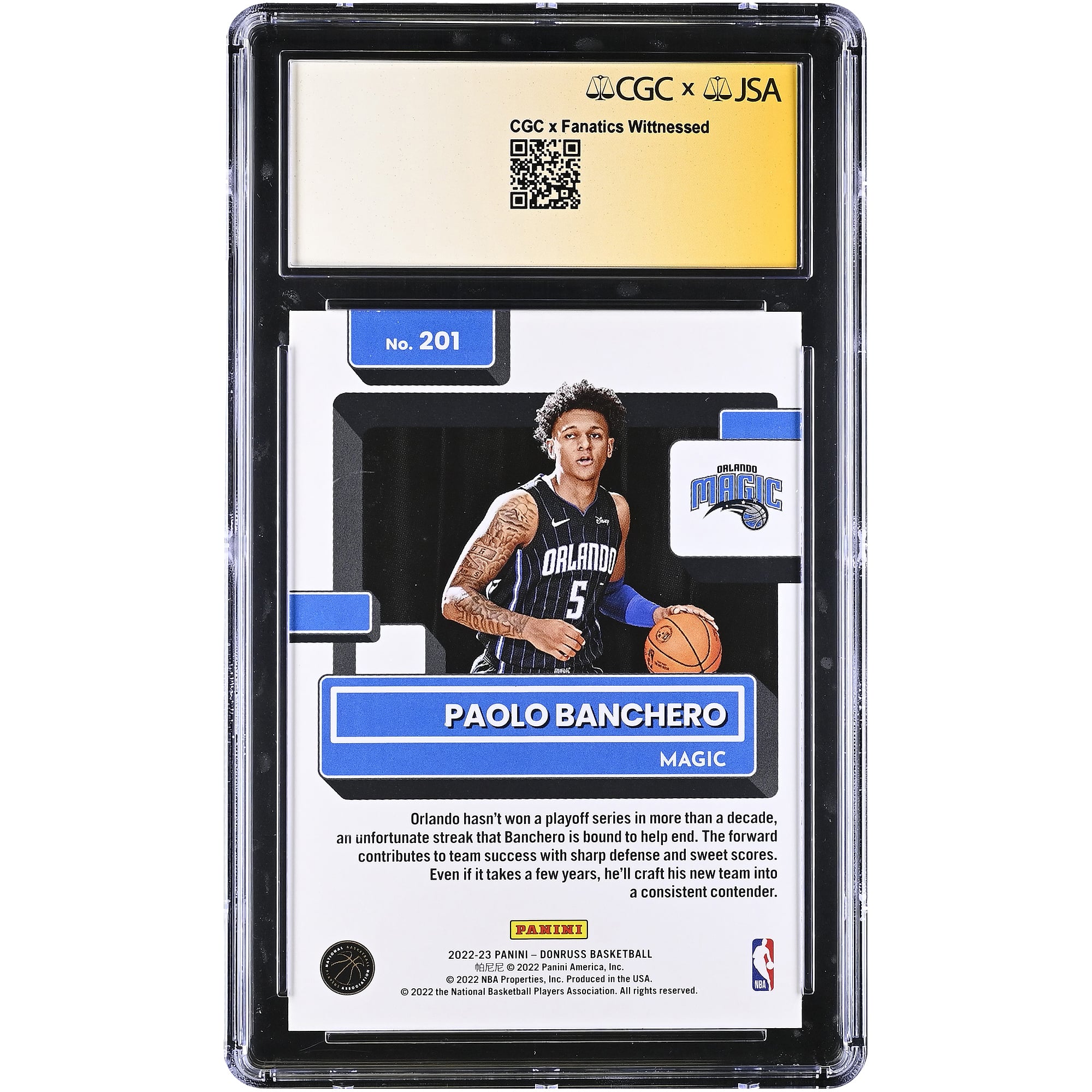 Carte de recrue autographiée de Paolo Banchero (Orlando Magic) 2022-23 Panini Donruss Rated Rookie n° 201