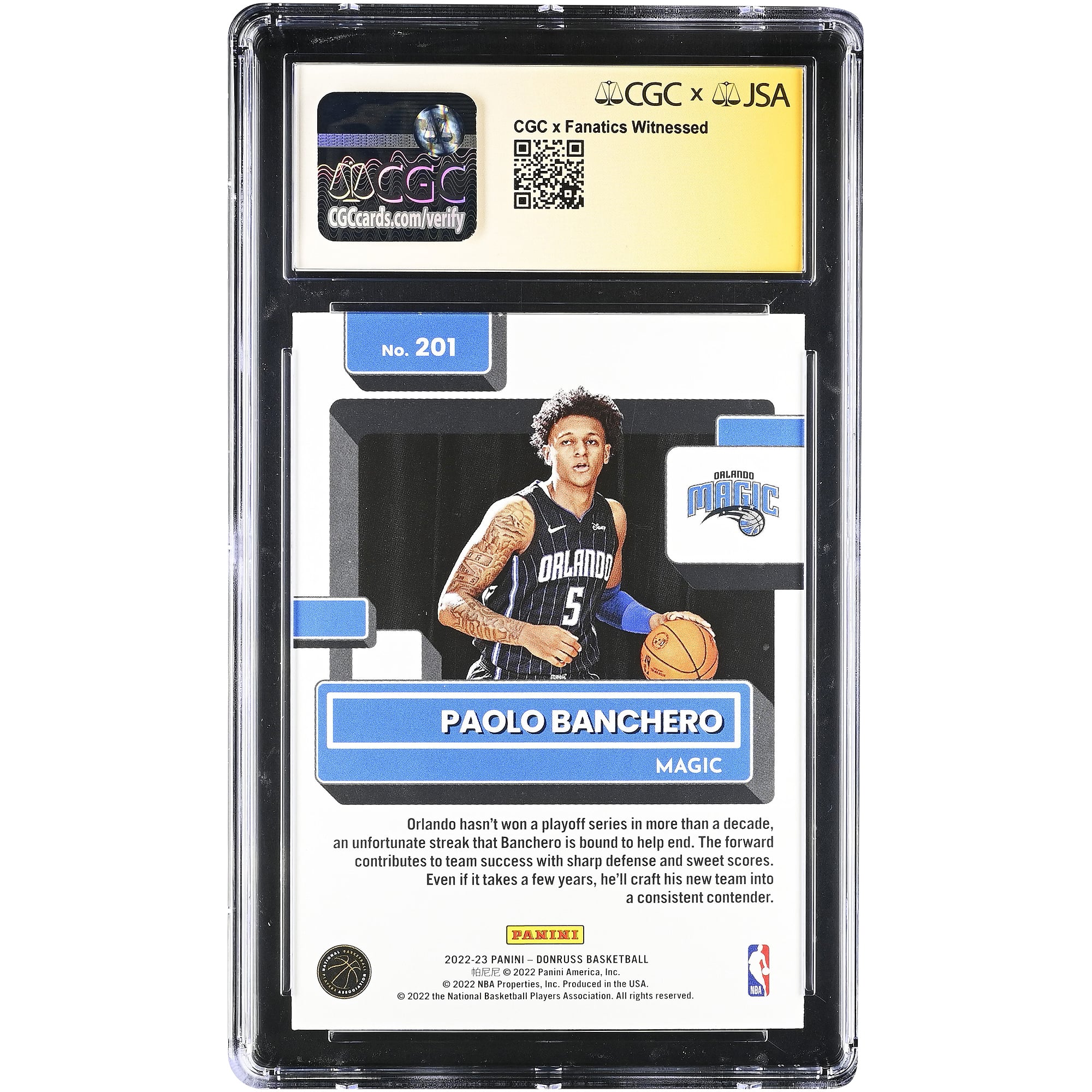 Paolo Banchero Orlando Magic Autographed 2022-23 Panini Donruss Rated Rookie #201 CGC Authenticated /10 Rookie Card