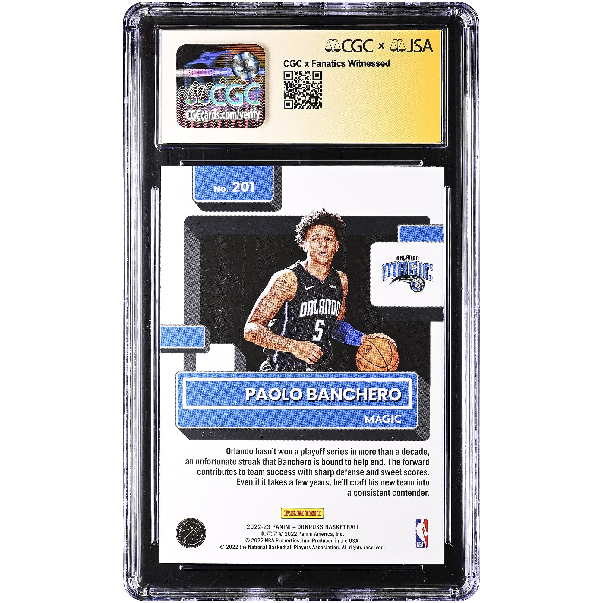 Paolo Banchero Orlando Magic Autographed 2022-23 Panini Donruss Rated Rookie #201 CGC Authenticated Auto 10 Rookie Card